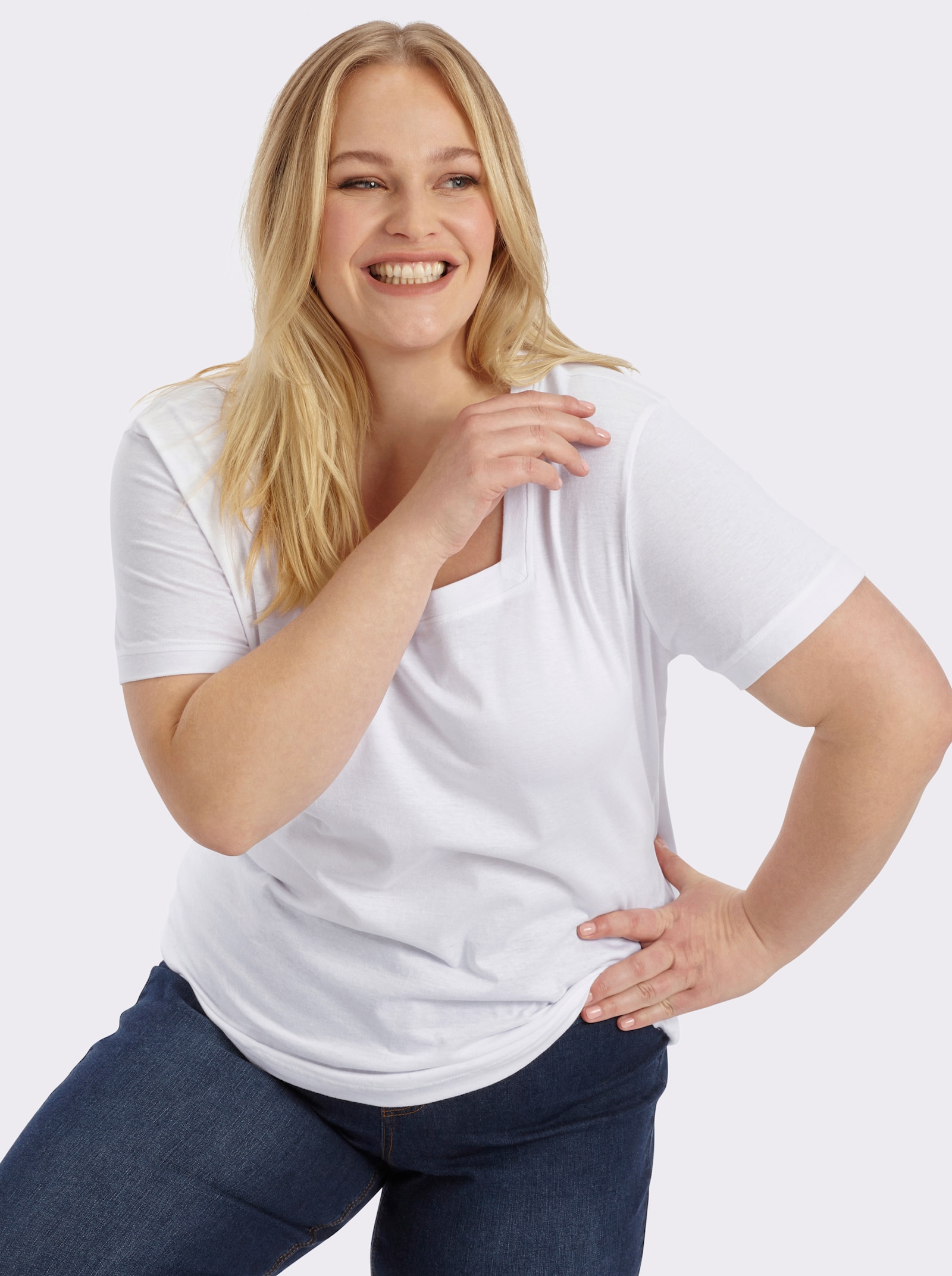 Kurzarmshirt mit Karree-Ausschnitt - weiß