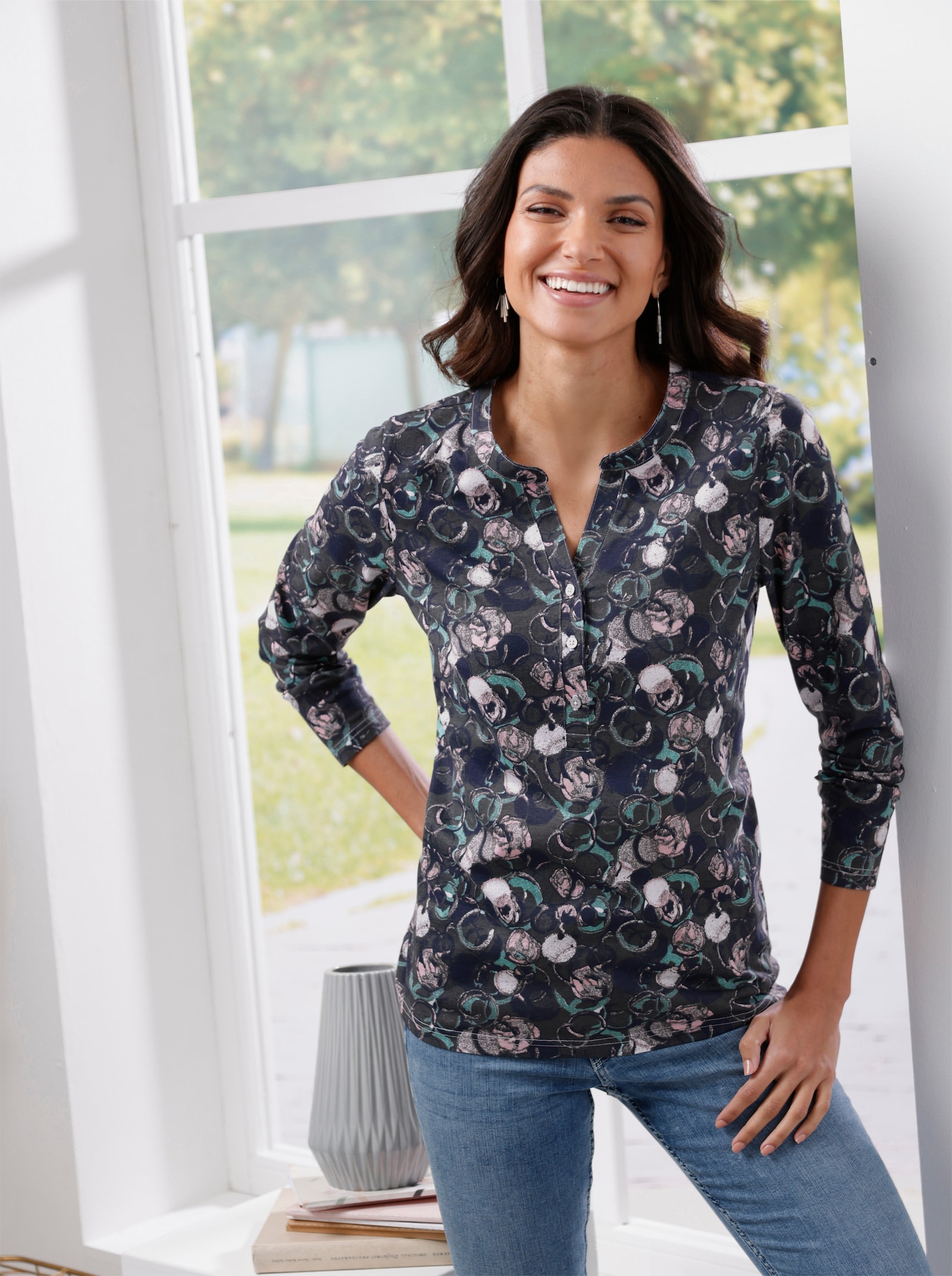 Tričko s dlouhým rukávem s kulatým výstřihem - antracitová-potisk