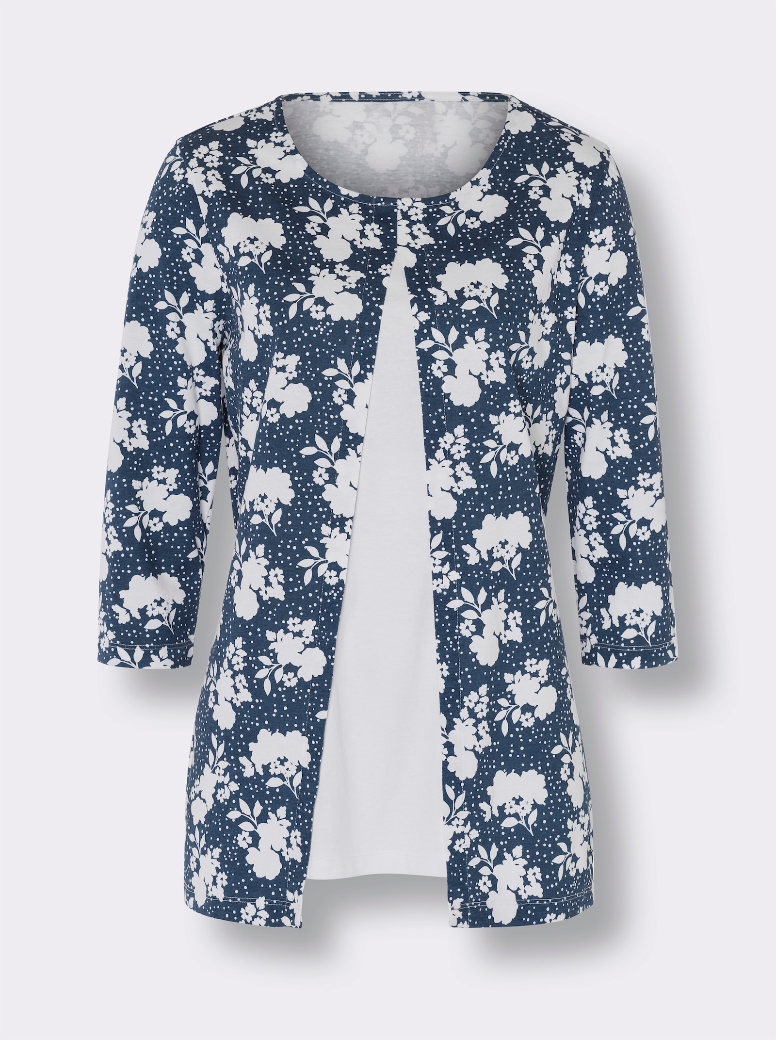 Tričko 2 v 1 delšího střihu - tmavěmodrá-ecru-potisk