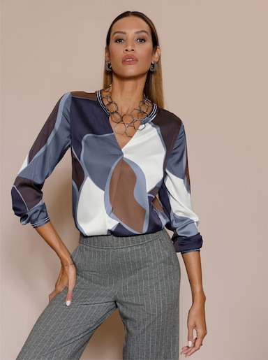 Langarm-Bluse in Satin-Qualität - rauchblau-champagner-bedruckt