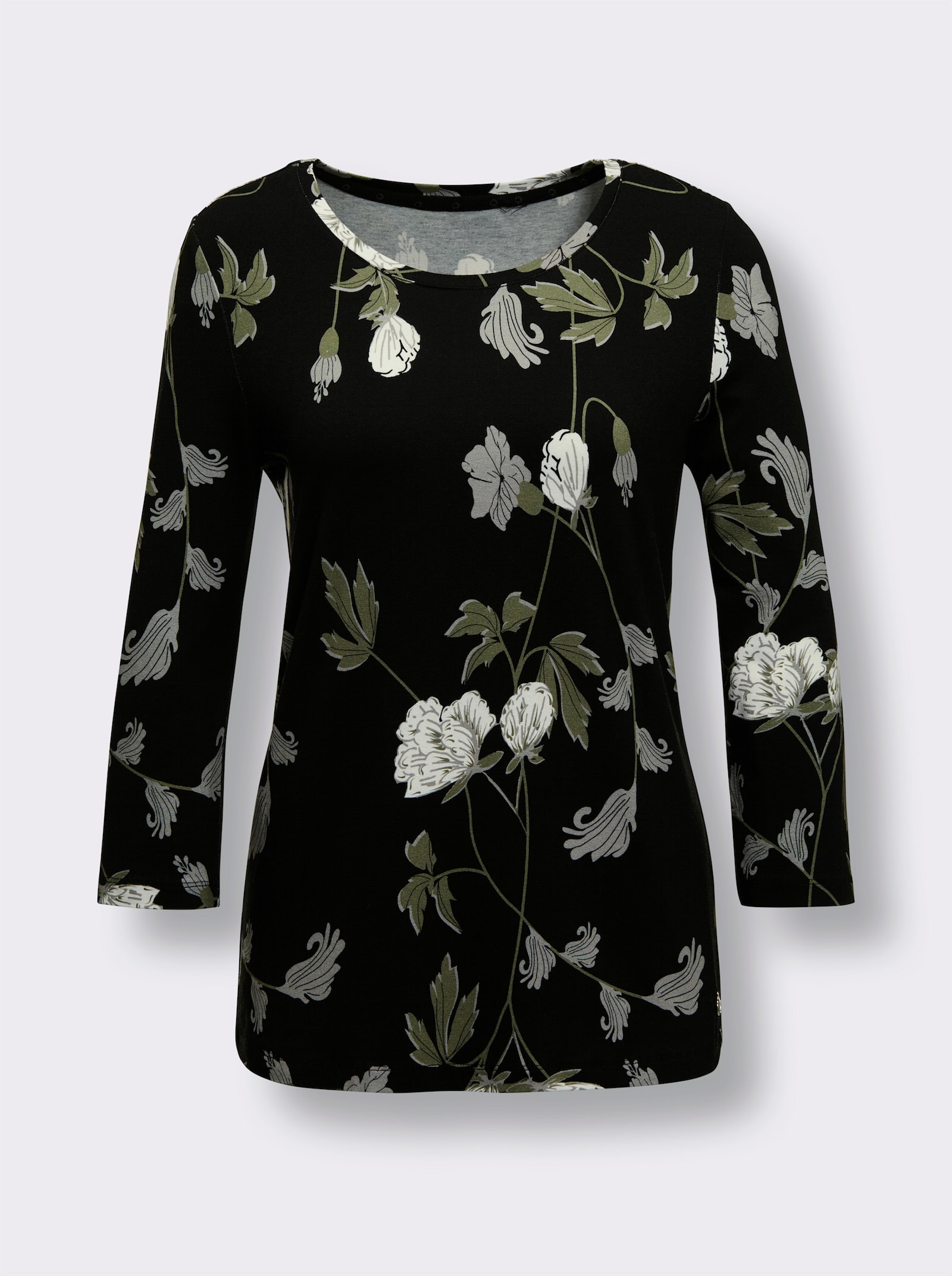 CREATION L PREMIUM 3/4-Arm-Shirt aus Viskose und Seide - schwarz-khaki-bedruckt