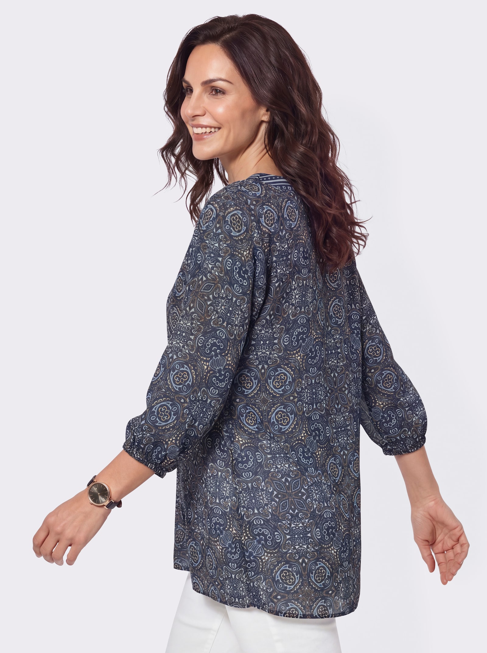 Druckbluse mit Weite gebender Falte - marine-bedruckt