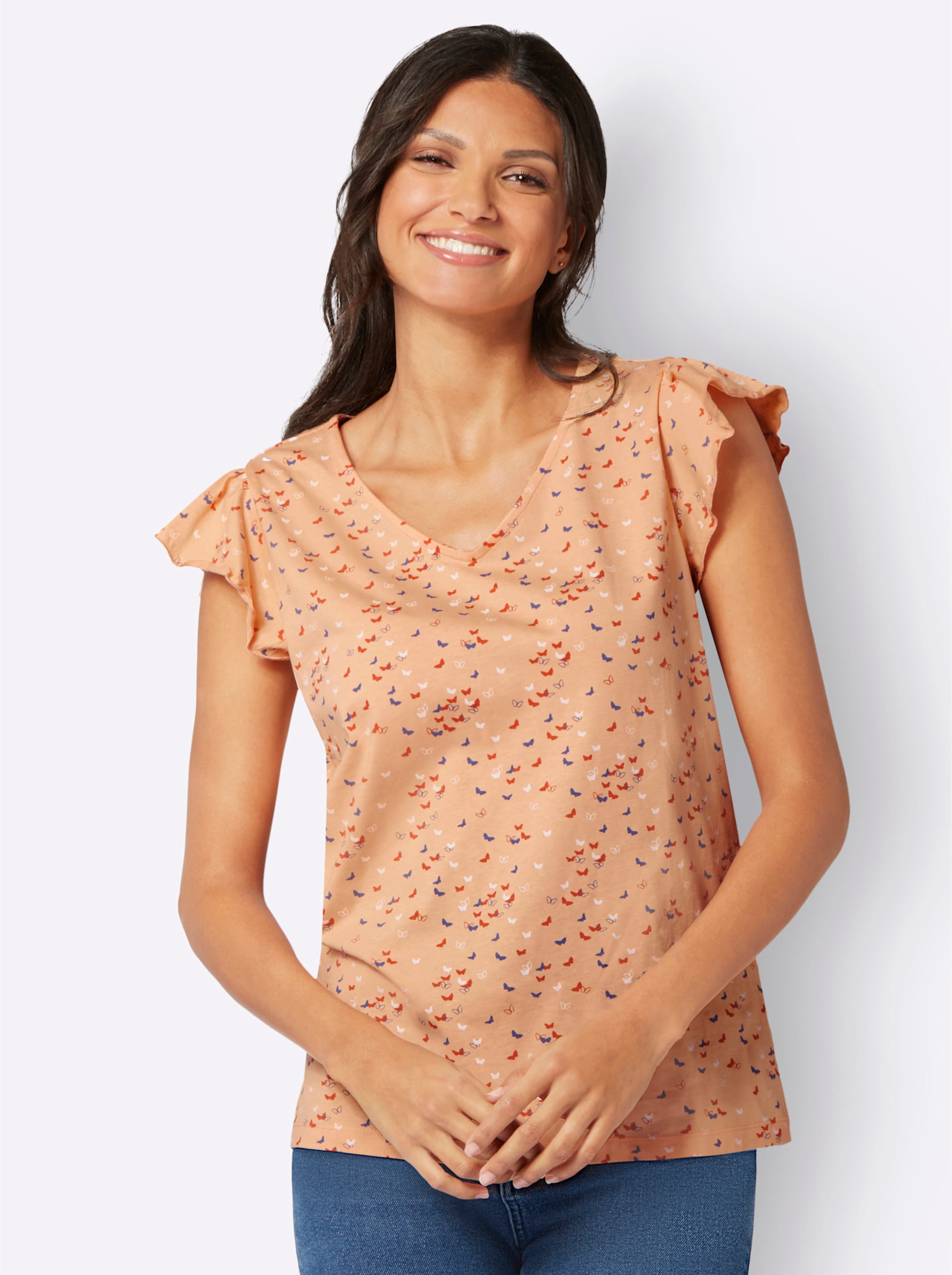 Witt Damen V-Shirt, apricot-papaya-bedruckt