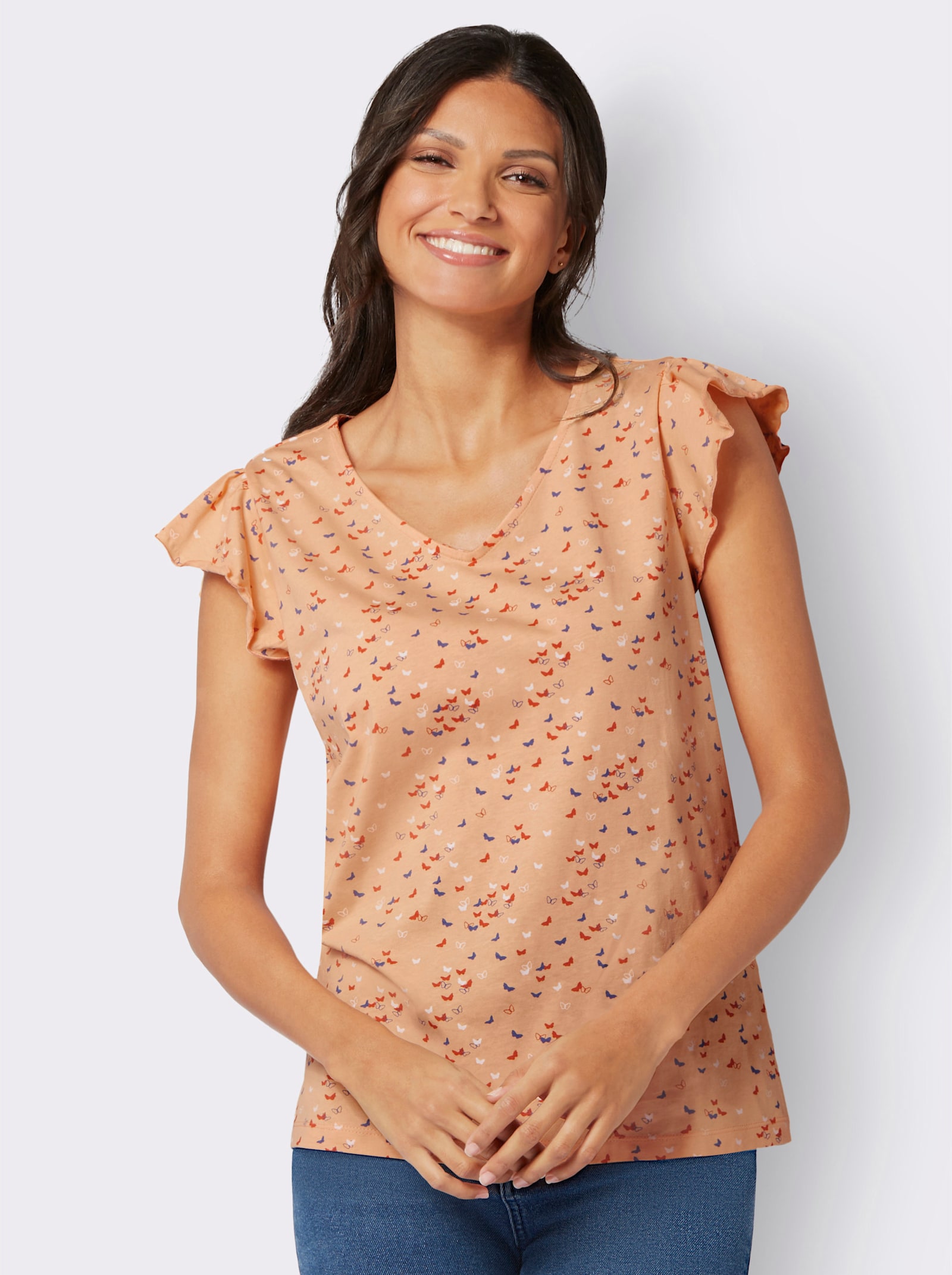 V-Shirt mit Schmetterling-Muster - apricot-papaya-bedruckt