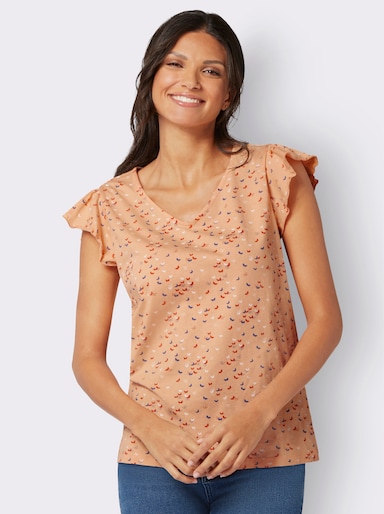 V-Shirt - apricot-papaya-bedruckt