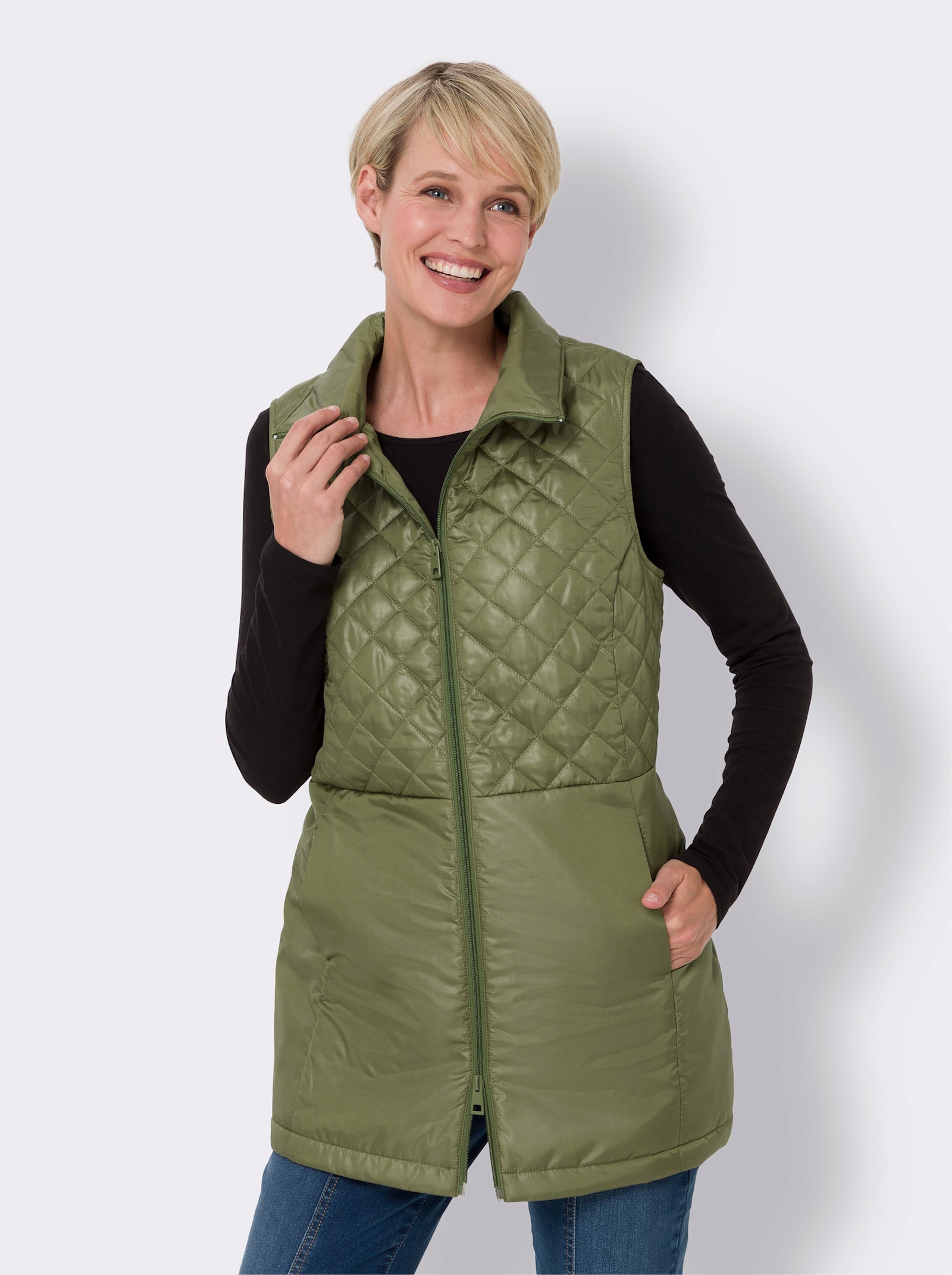 Lange bodywarmer met ruitstiksels - olijf