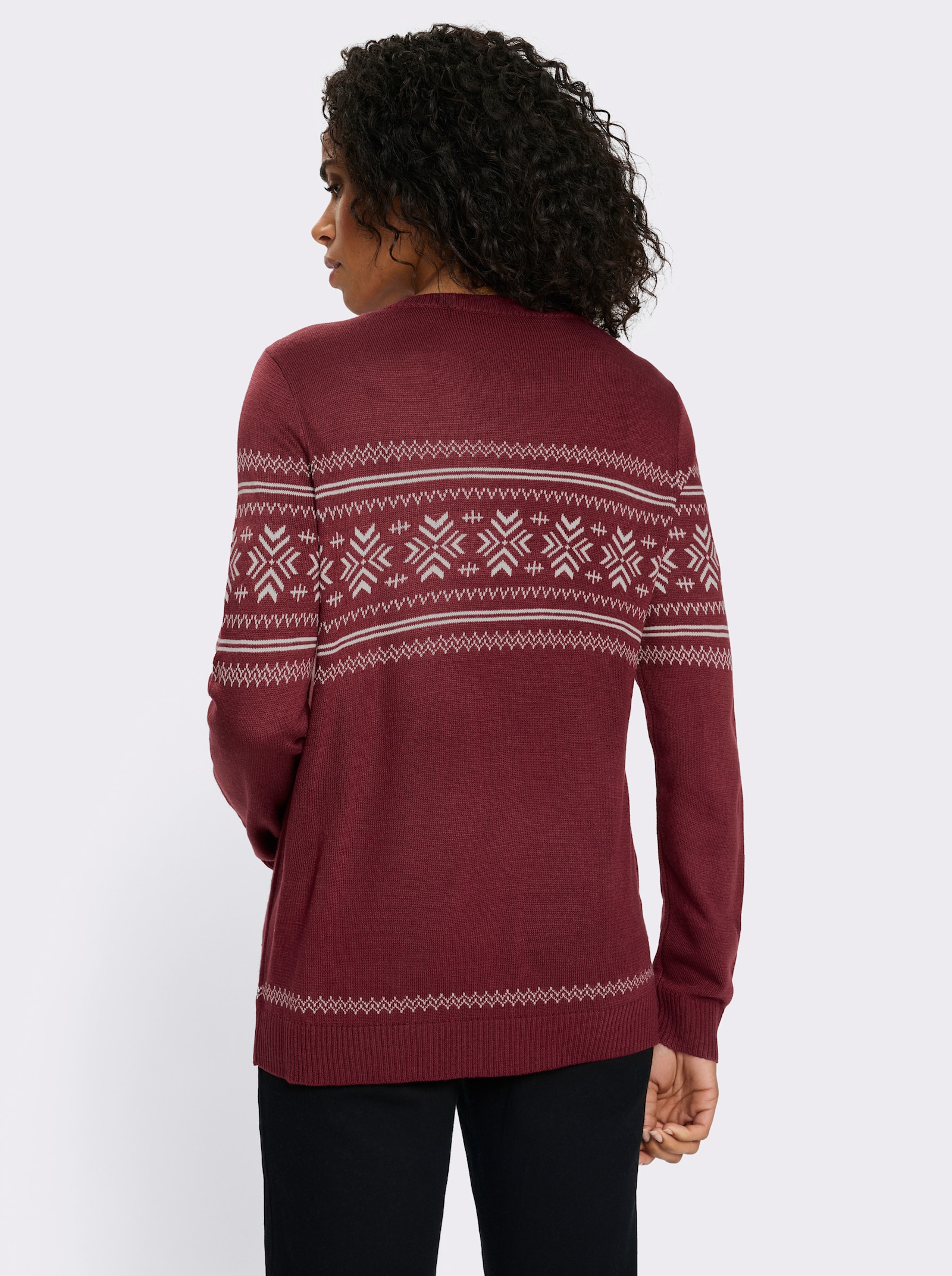 Langarm-Pullover mit Jacquardmuster - dunkelrot-ecru