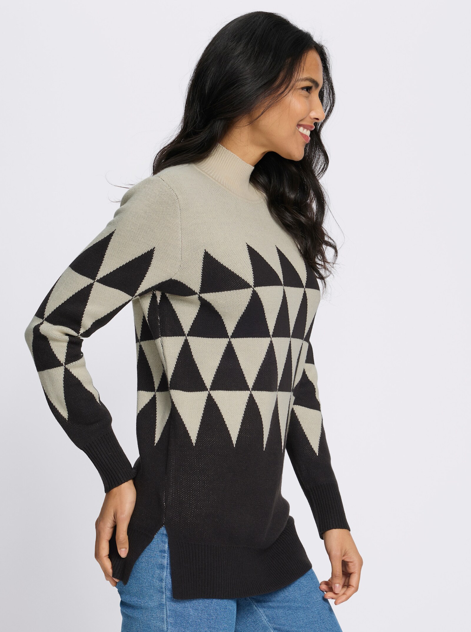 Longpullover mit grafischem Jacquardmuster - sand-schwarz-gemustert