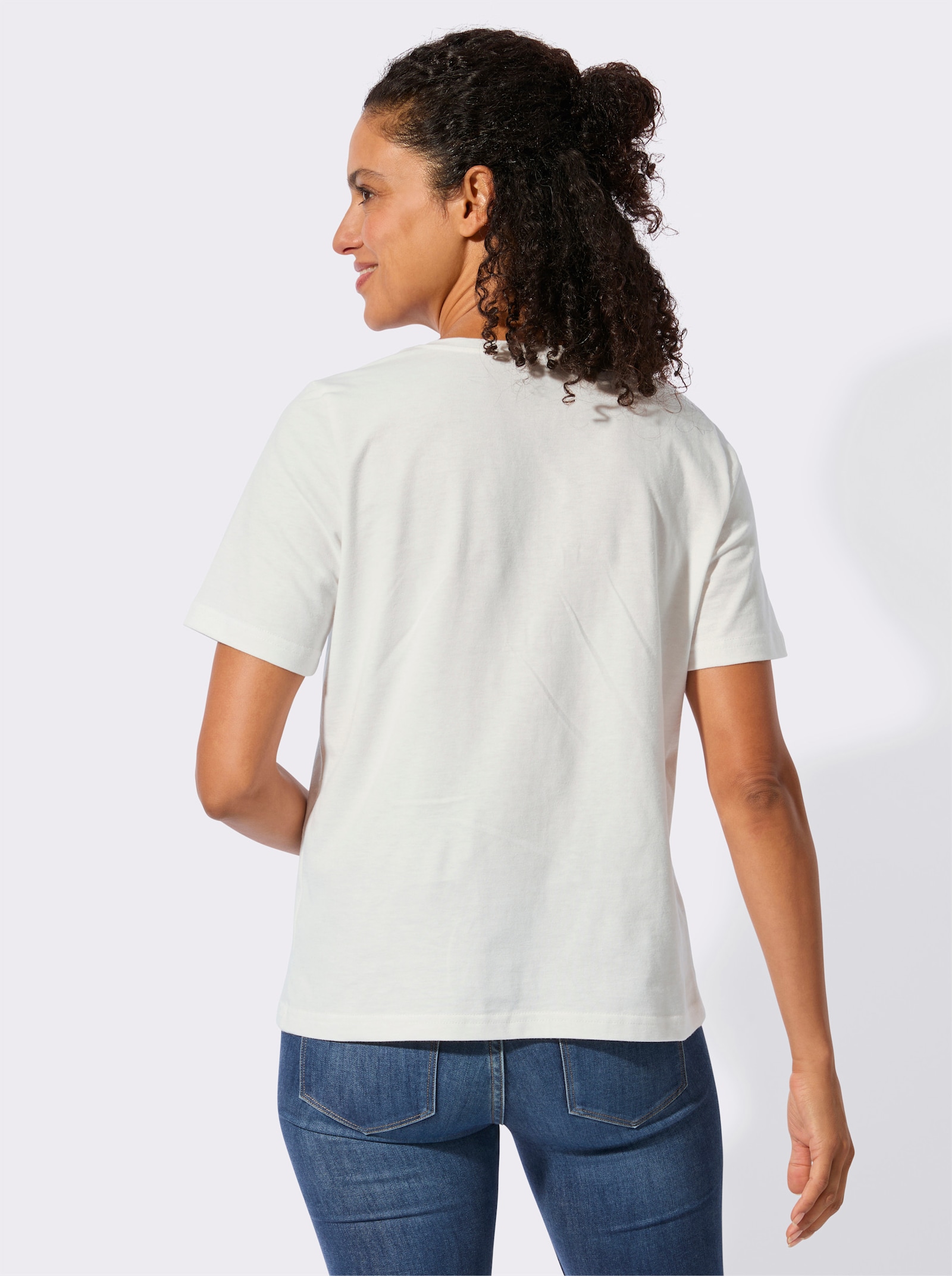 Kurzarmshirt mit floralem Motiv - ecru-himmelblau-bedruckt