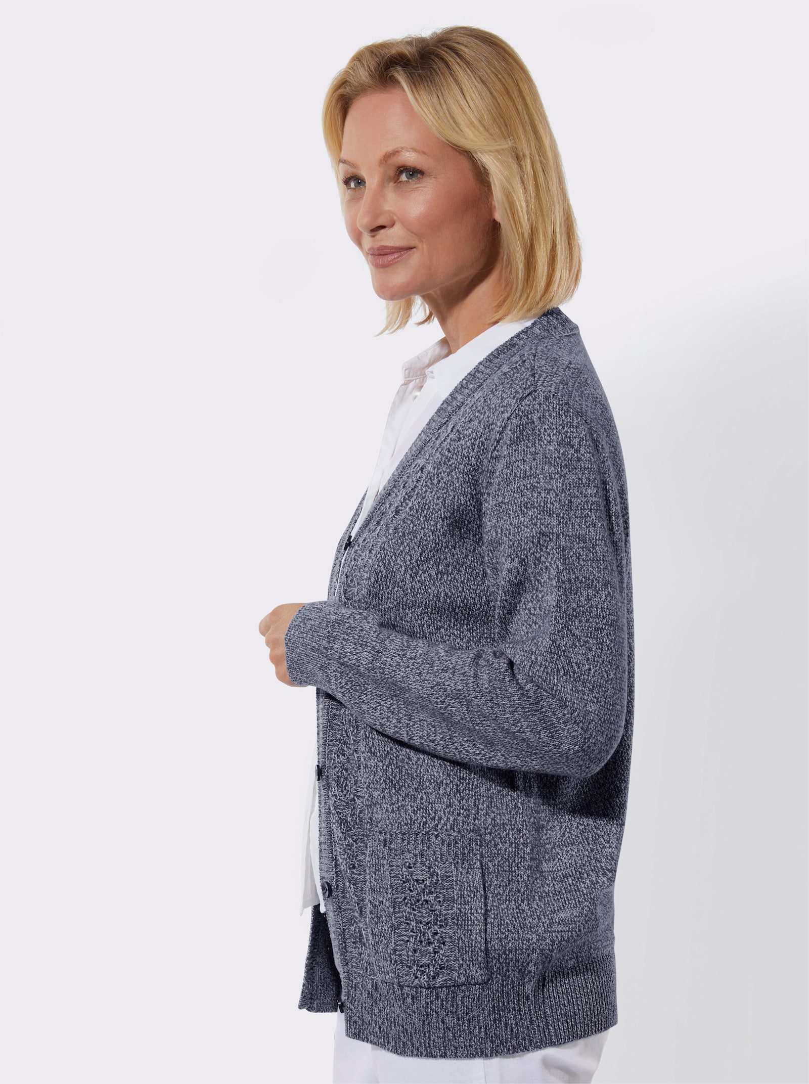 Strickjacke in Flausch-Qualität - marine-ecru-meliert