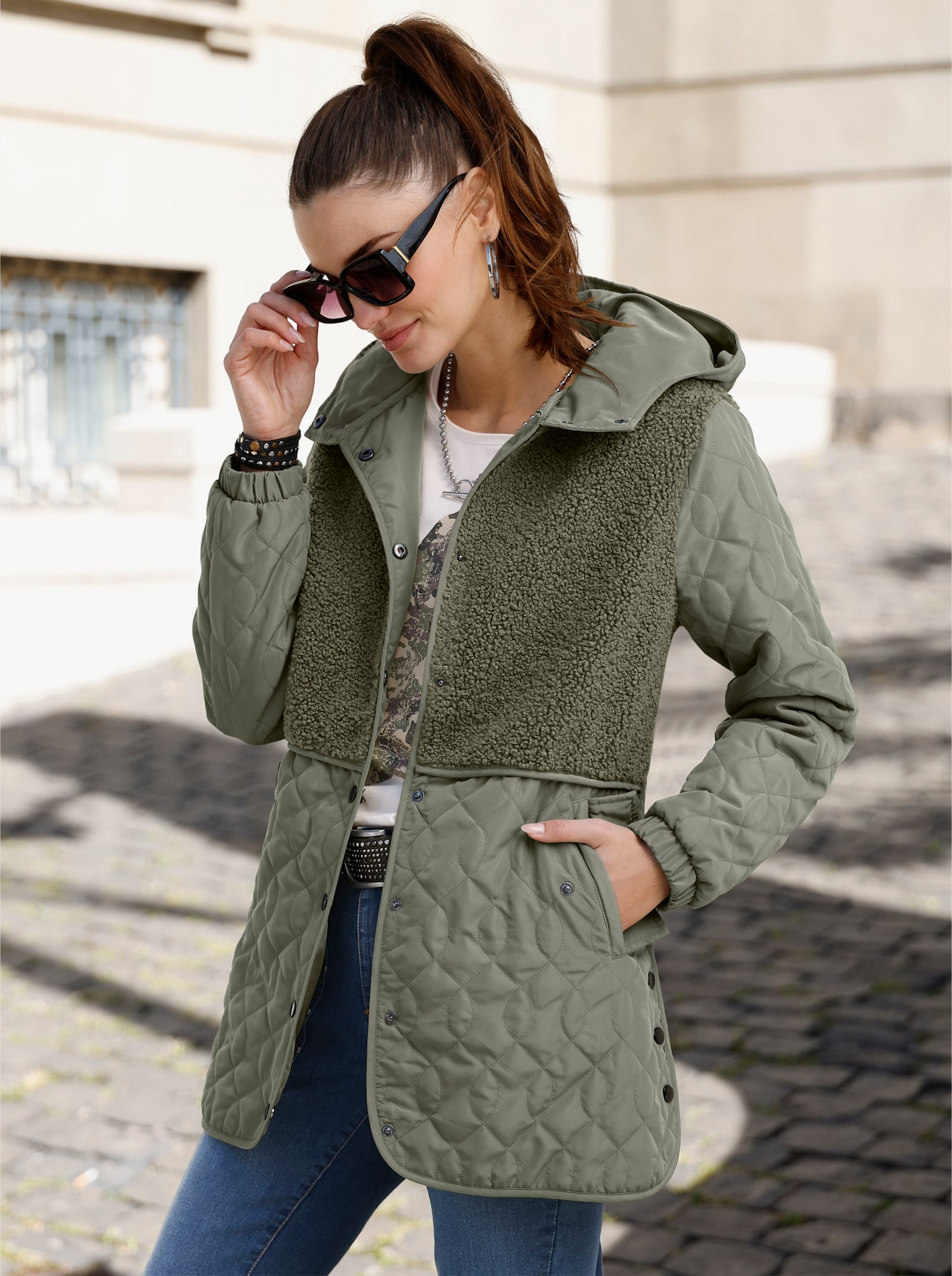 Steppjacke mit Teddy-Fleece - khaki