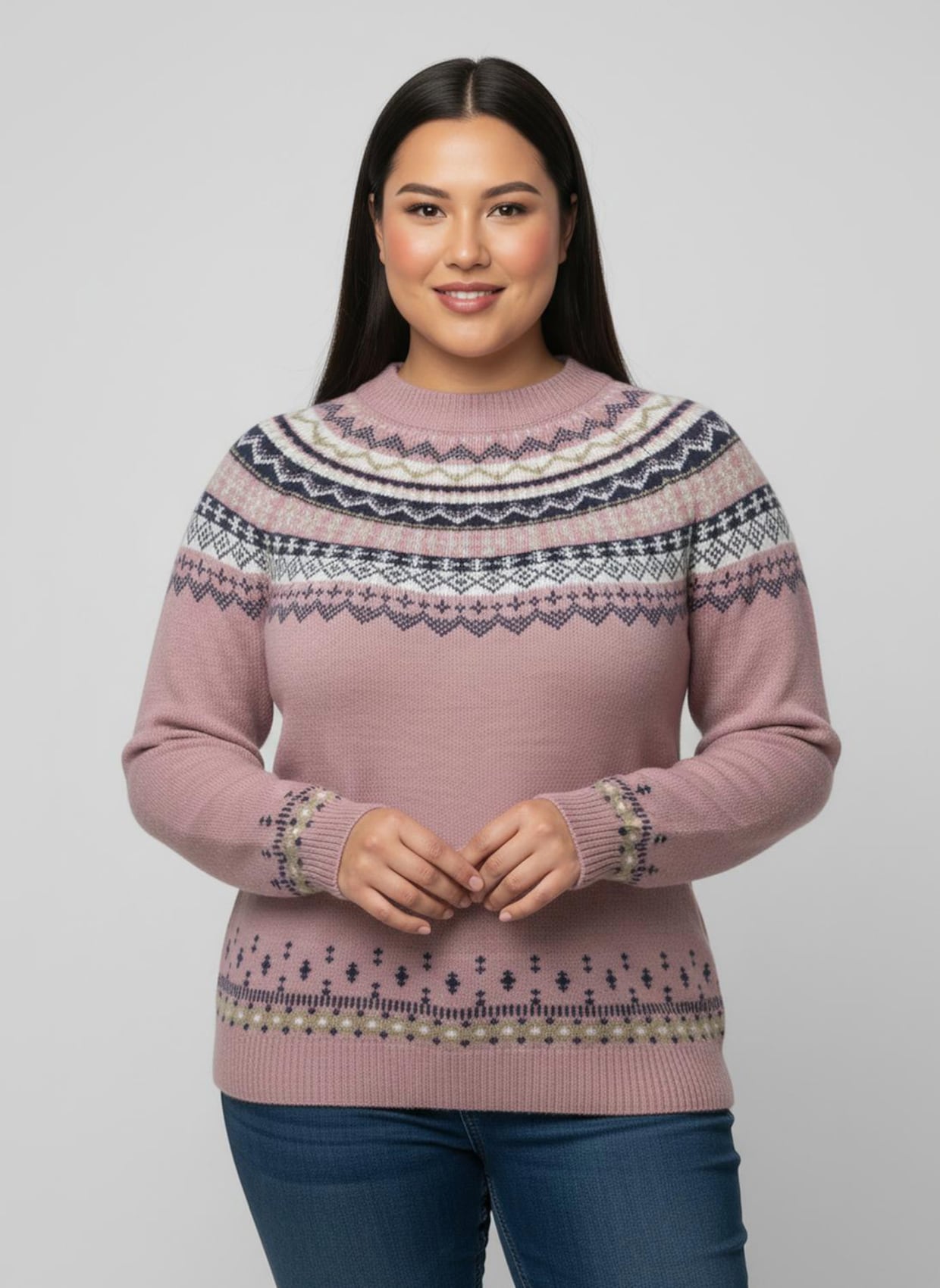 Norwegerpullover mit Raglan-Ärmeln - mauve-marine-gemustert