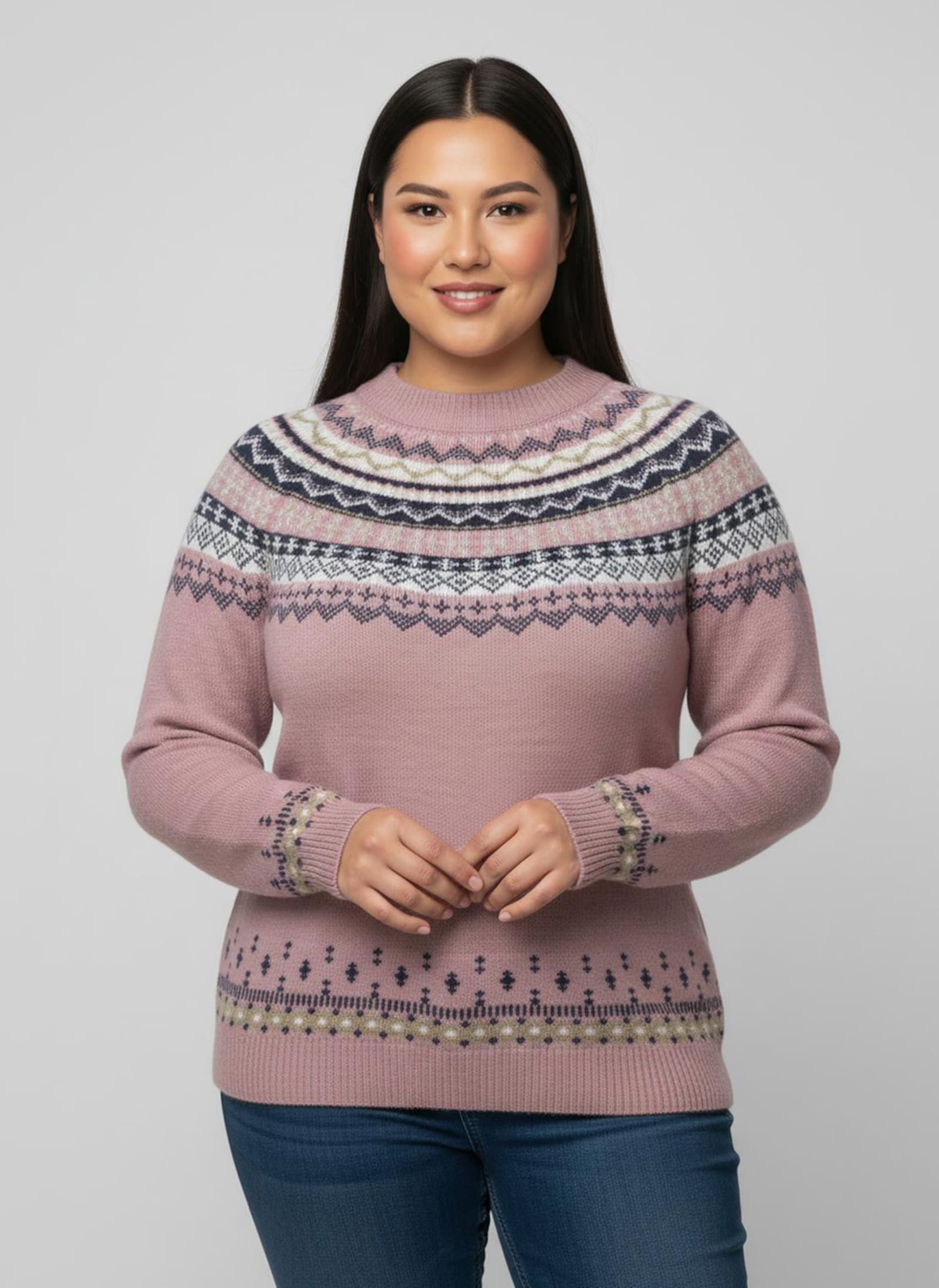 Norwegerpullover mit Raglan-Ärmeln - mauve-marine-gemustert