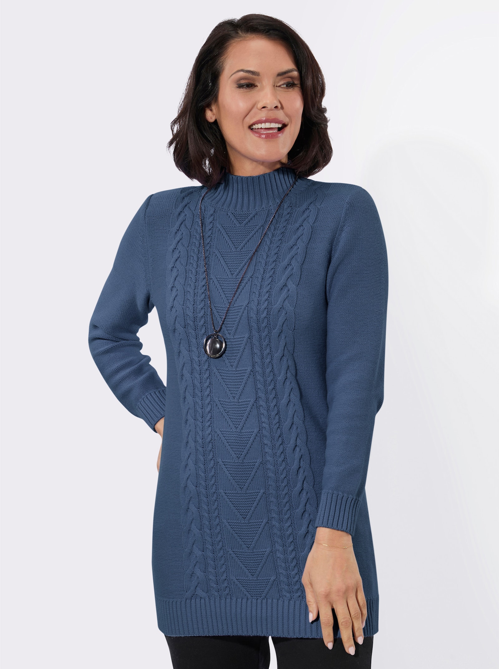 Lange pullover met kabelstructuurpatroon - jeansblauw