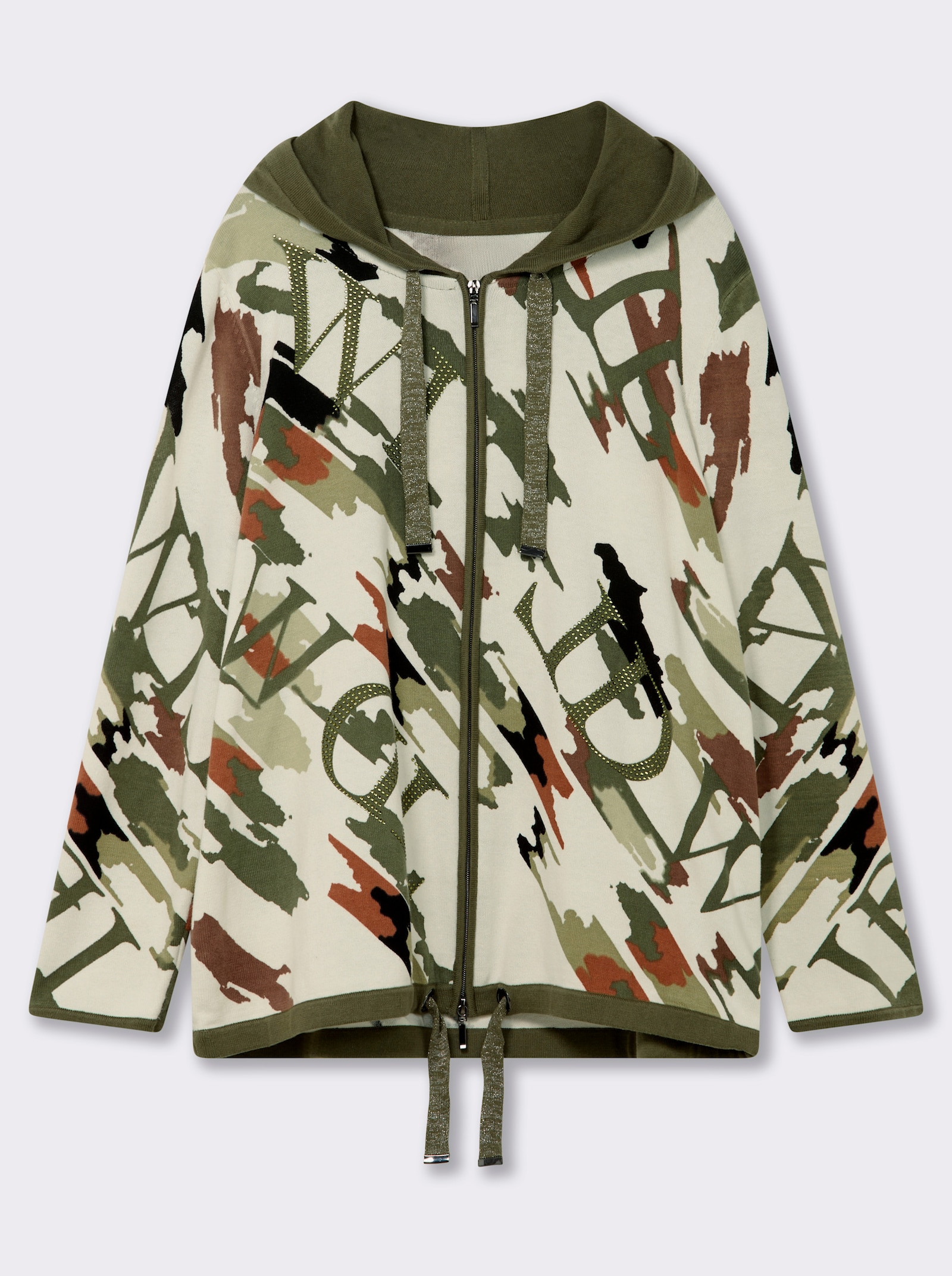 Kapuzenstrickjacke mit Druck und Glitzersteinchen - champagner-khaki-bedruckt