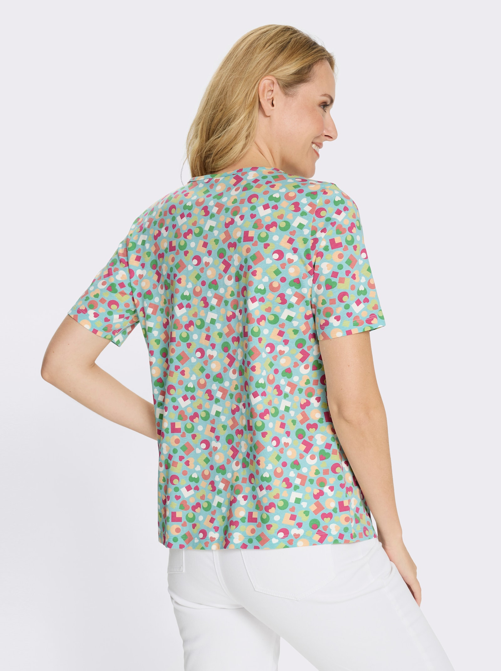 Kurzarmshirt im bunten Allover-Print - aquamarin-apfel-bedruckt