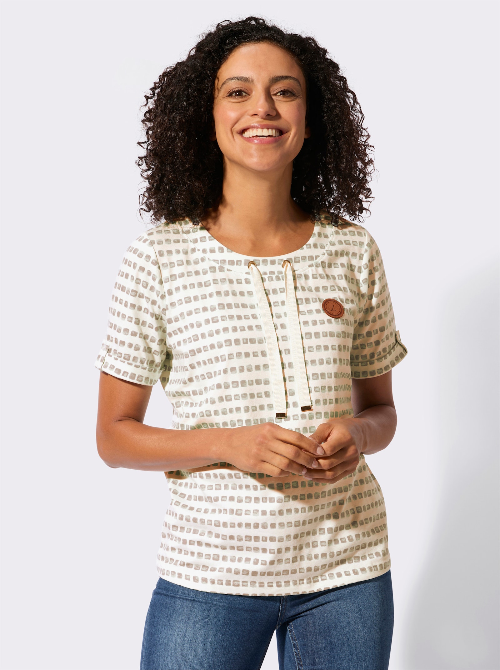 Print-Shirt mit Bindebändern am Ausschnitt - beige-ecru-bedruckt