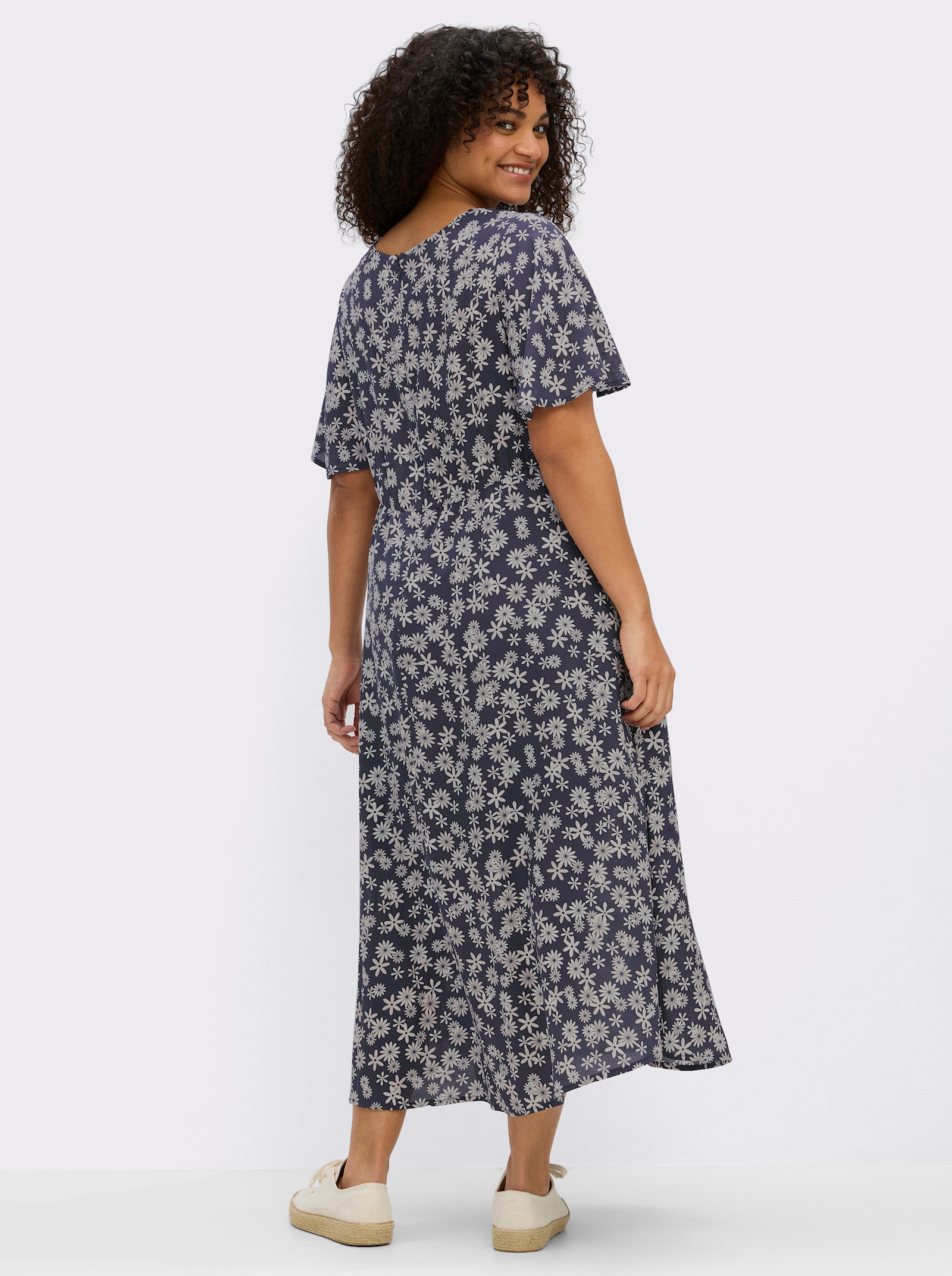 sheego Blumenkleid mit Knotendetail - tiefblau-champagner-bedruckt
