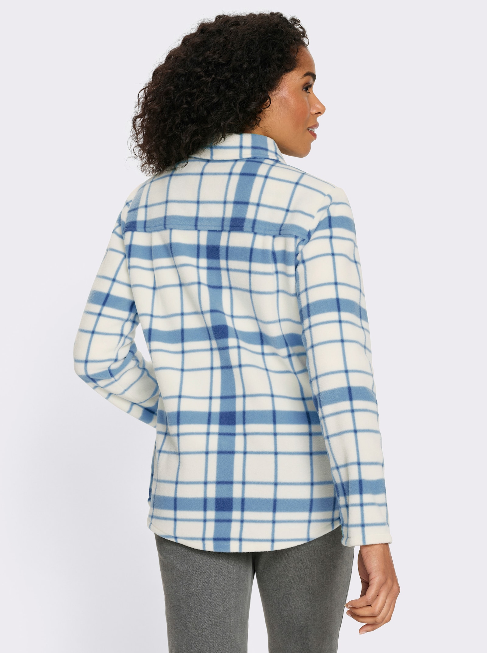 Fleecejacke mit längerem Saum im Rückteil - eisblau-champagner-kariert