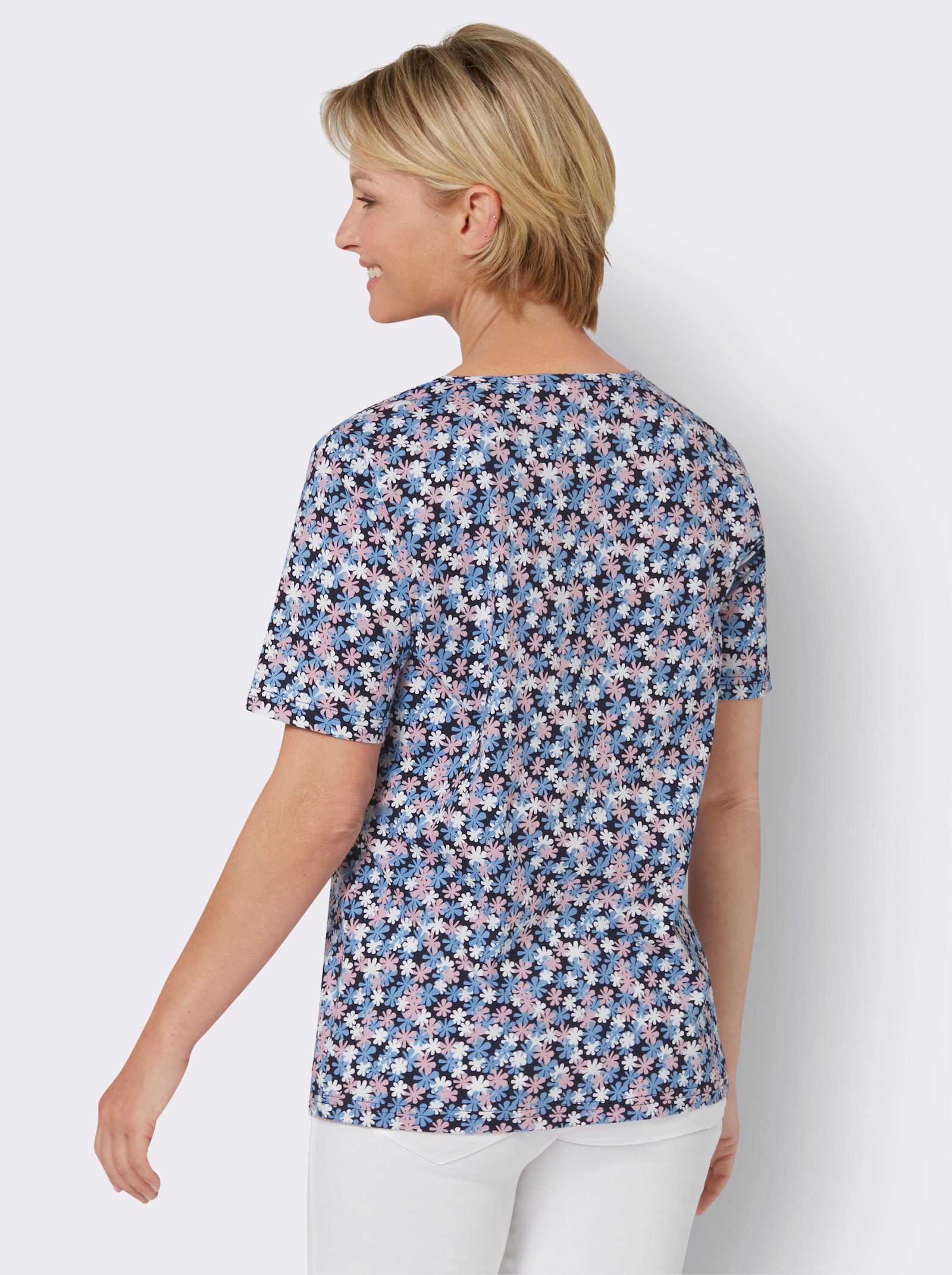 Shirt met korte mouwen en millefleurs-patroon - wit/marine geprint