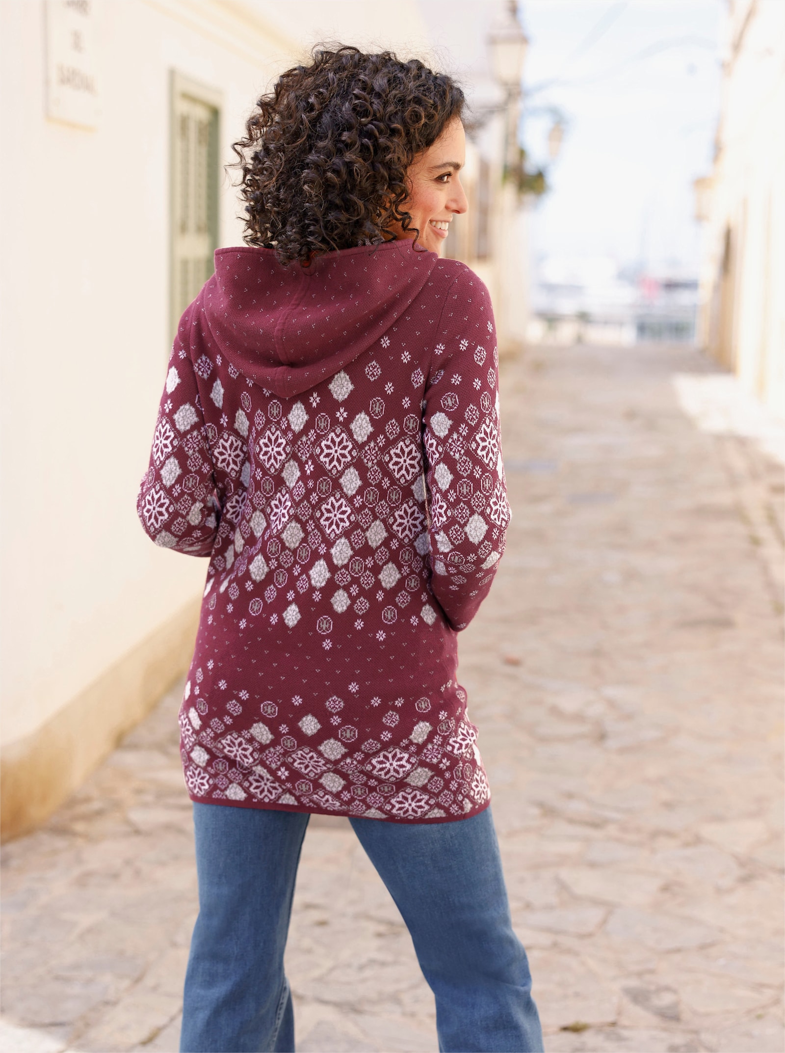 Lang vest met jacquardpatroon - donkerrood gedessineerd