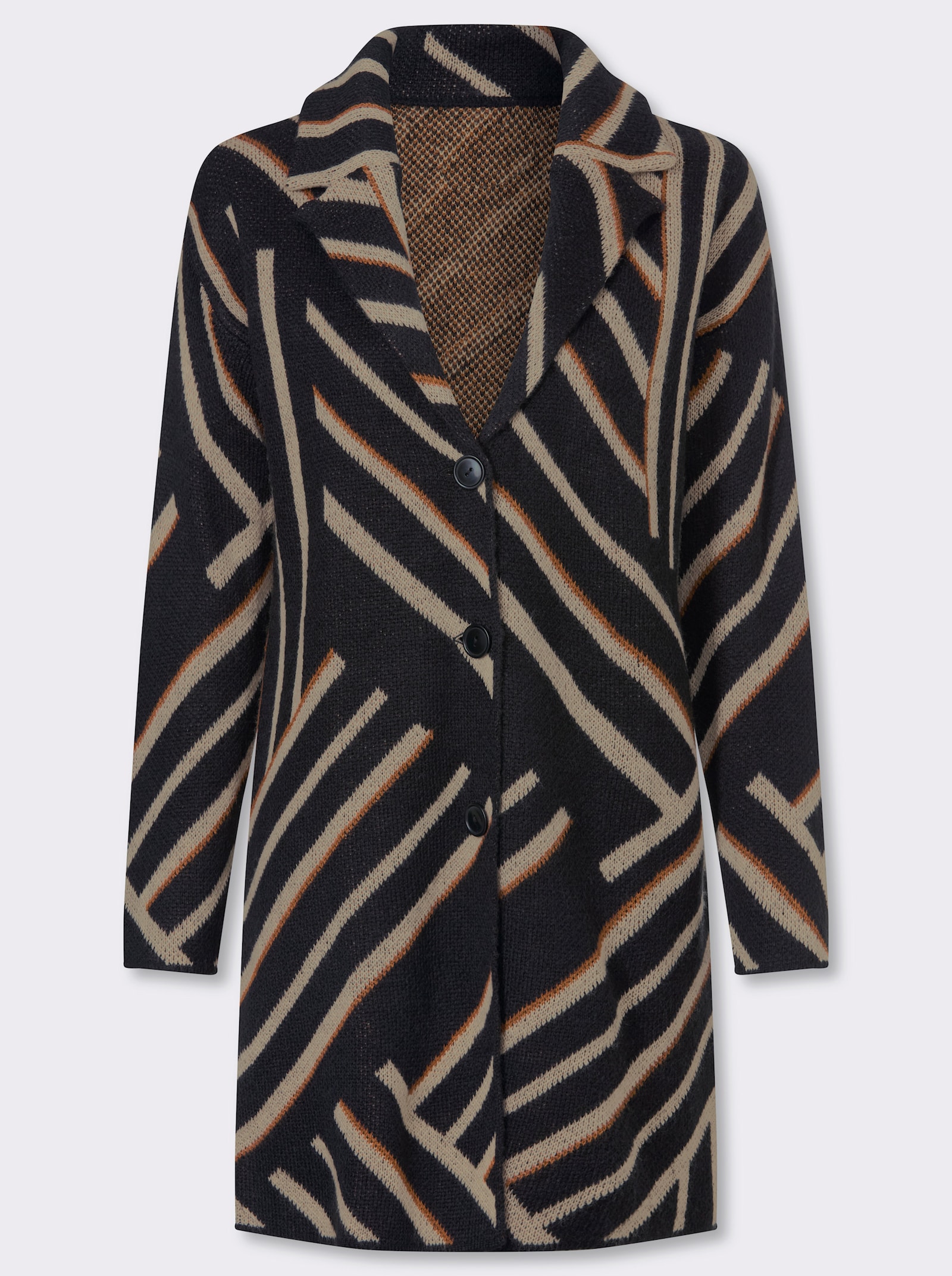 Longstrickjacke mit grafischem Jacquardmuster - schwarz-beige-gemustert