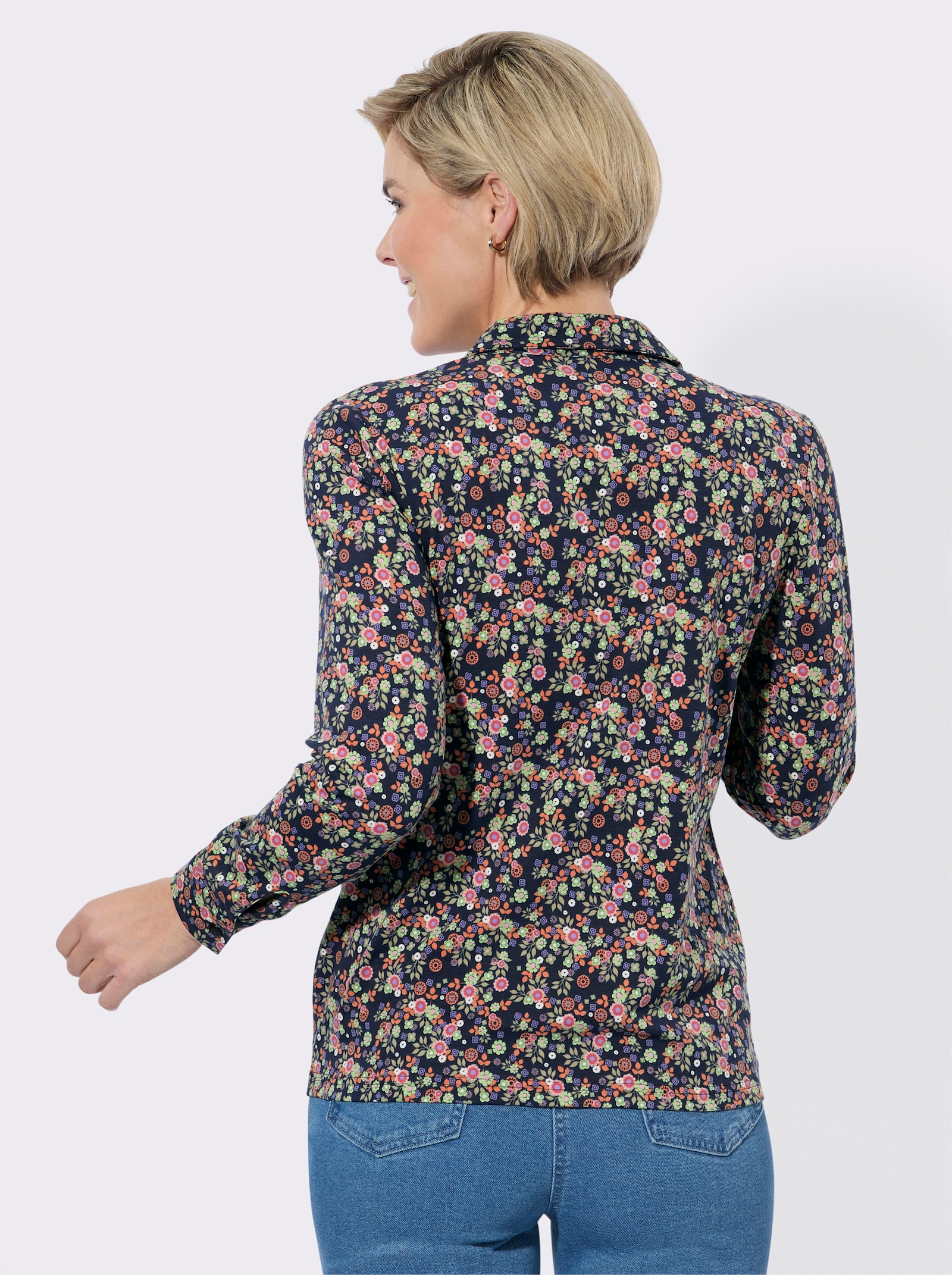Jersey-Bluse mit floralem Muster - marine-reseda-bedruckt