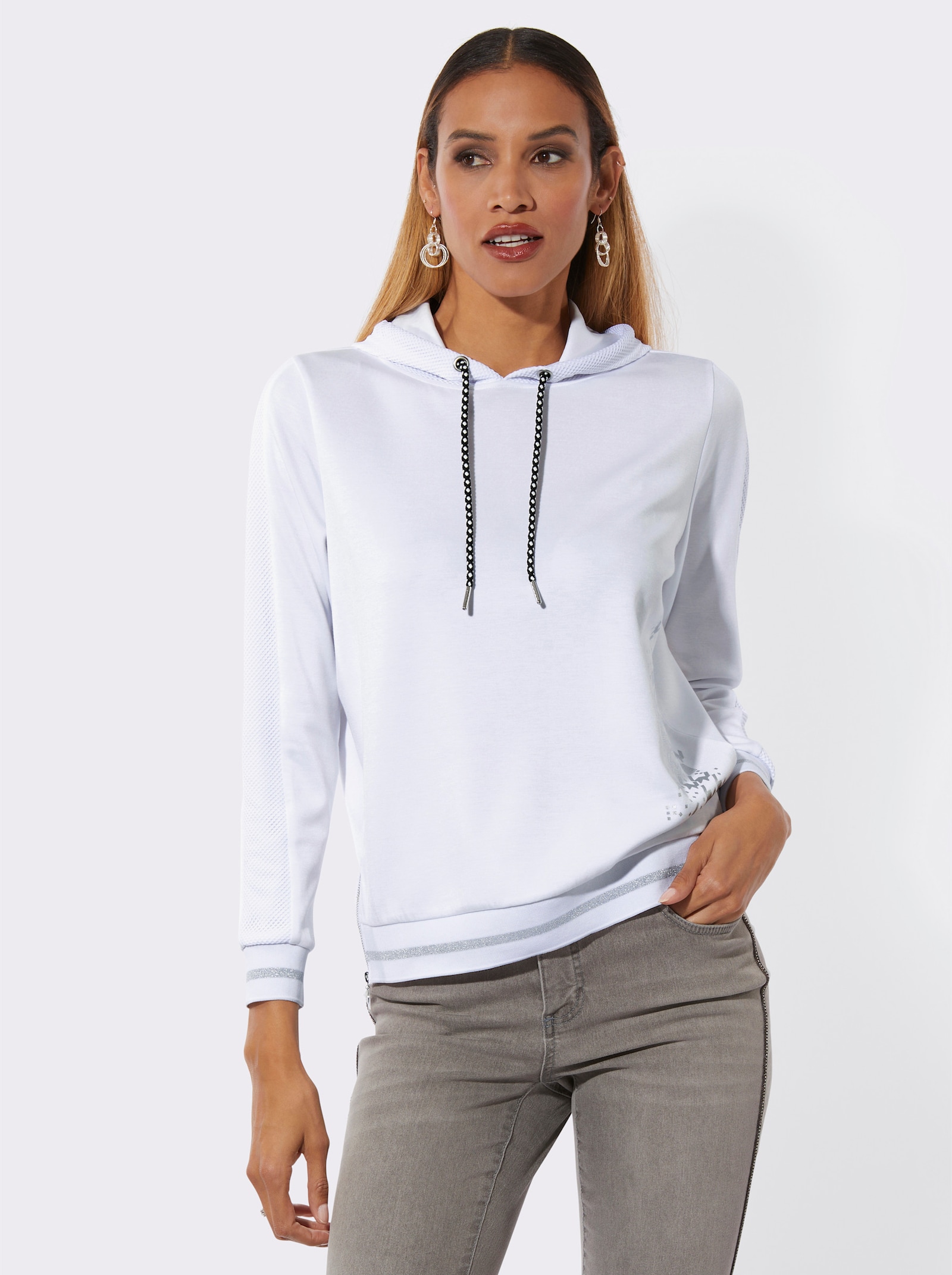 Kapuzensweatshirt mit Netz-Akzenten - weiß-silberfarben-bedruckt