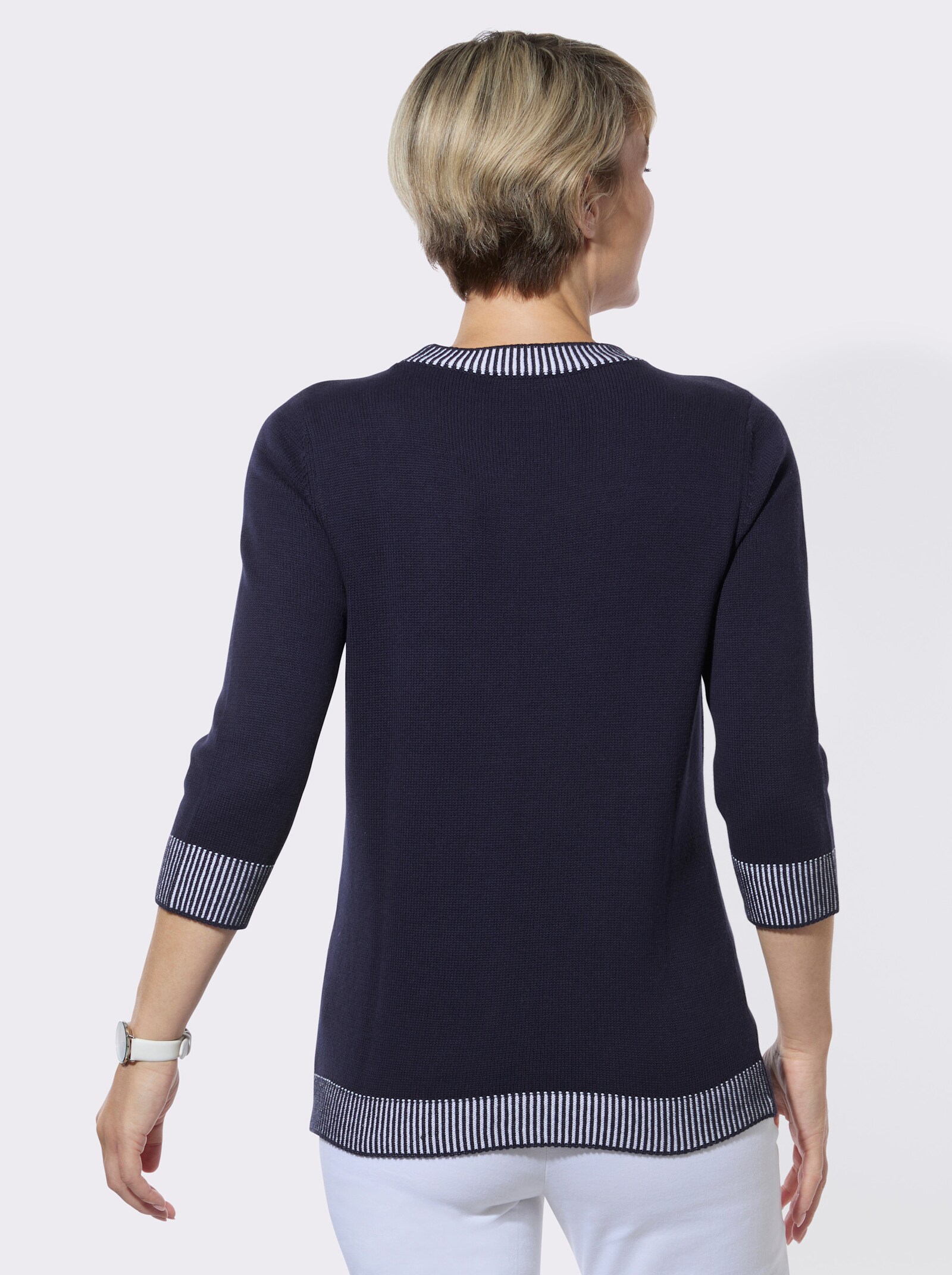 3/4-Arm-Pullover mit gestreiften Abschlüssen - marine