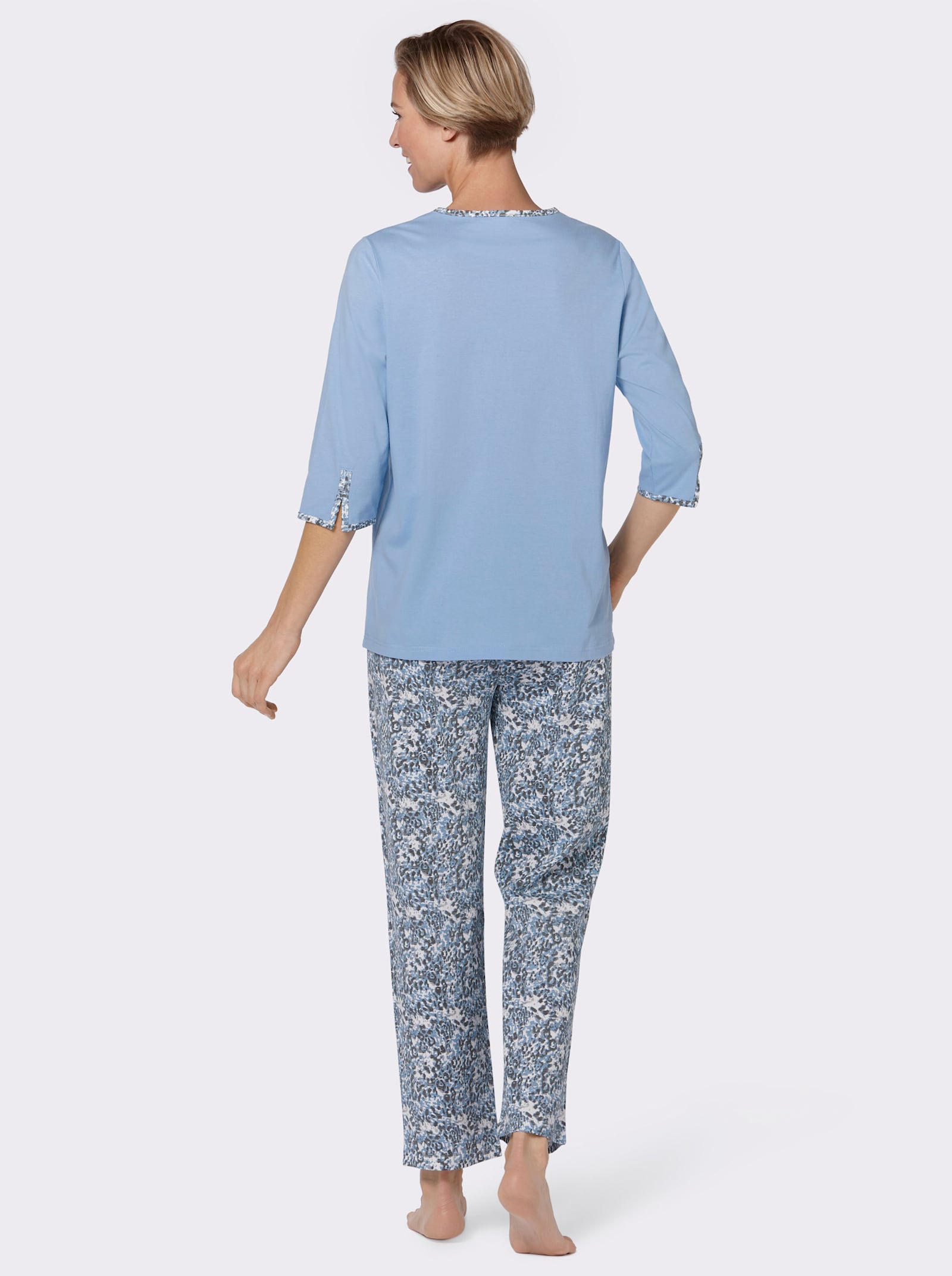 wäschepur Schlafanzug mit gemusterten Paspeln - blau-grau-bedruckt
