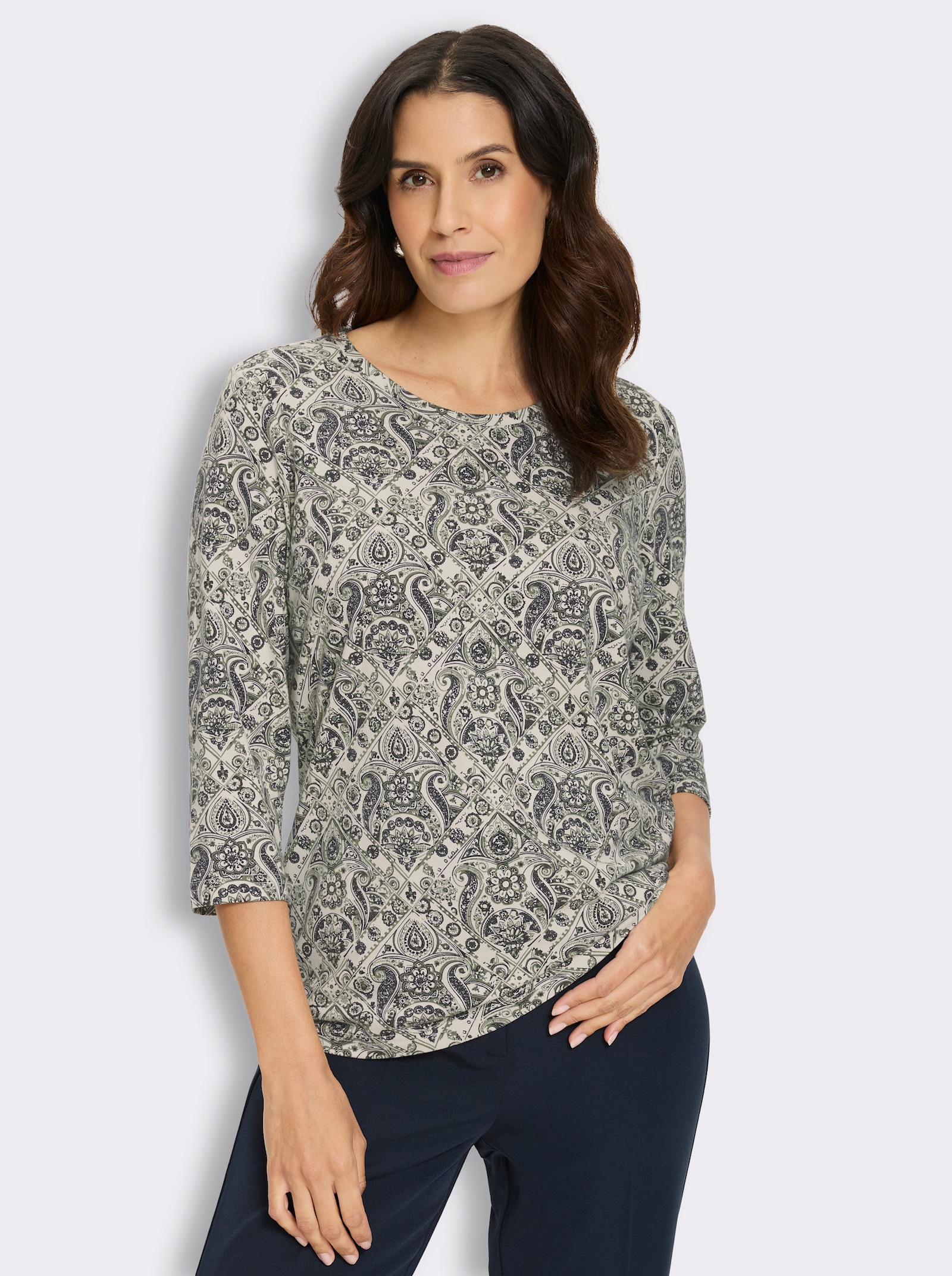 3/4-Arm-Shirt im Baumwoll-Modal-Mix - champagner-khaki-bedruckt