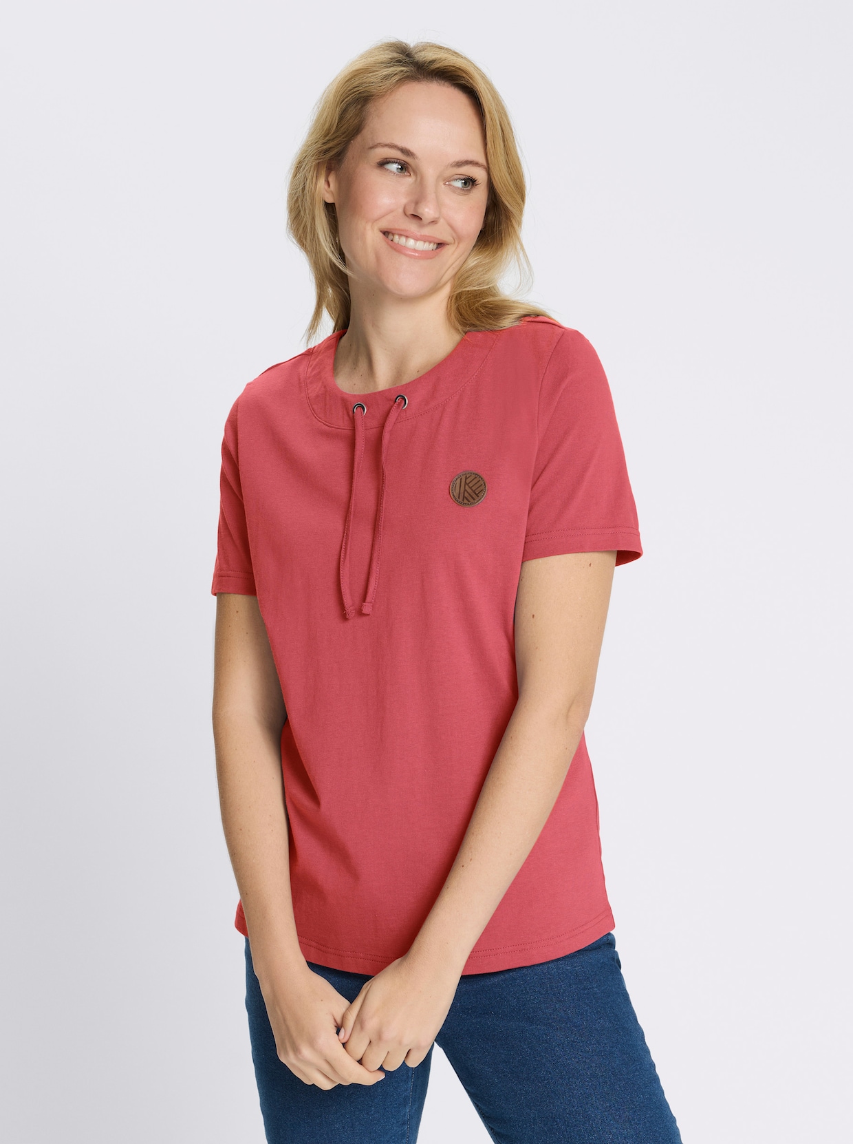 Kurzarmshirt mit Tunnelzug am Ausschnitt - grapefruit