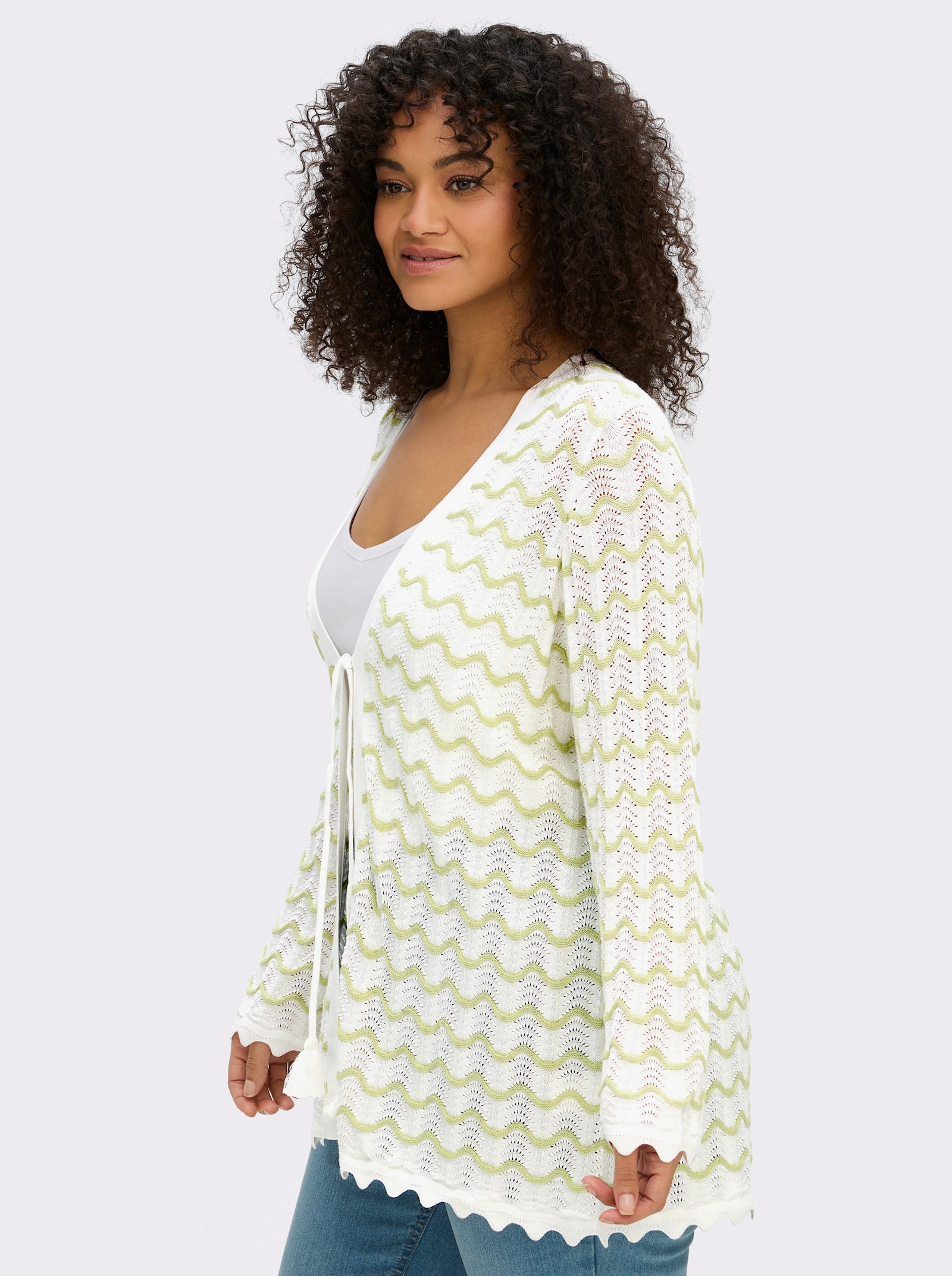 sheego Ajourstrickjacke mit Wellenmuster - ecru-pistazie