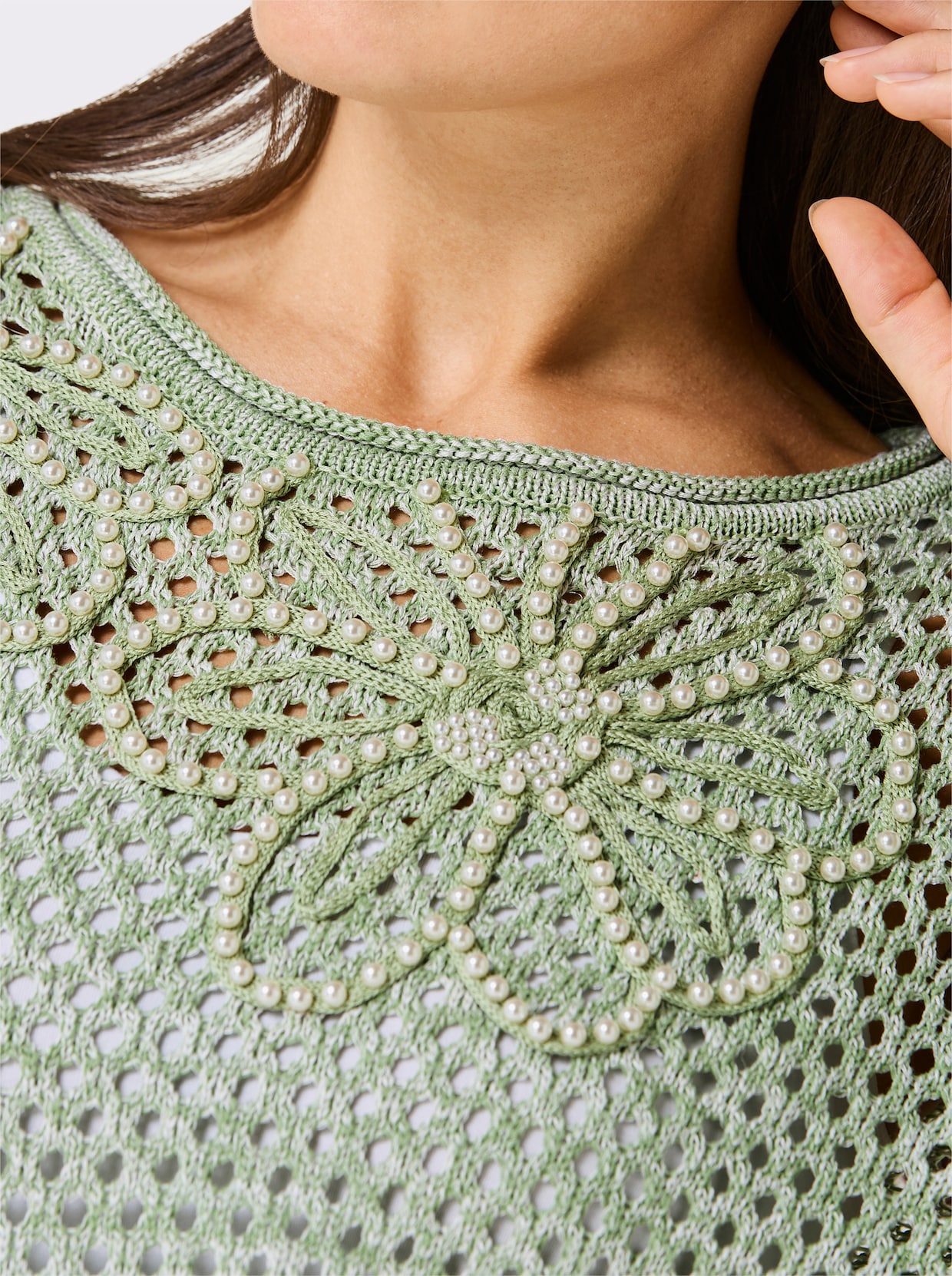 CREATION L PREMIUM Ajourpullover - eucalyptus-ecru-meliert