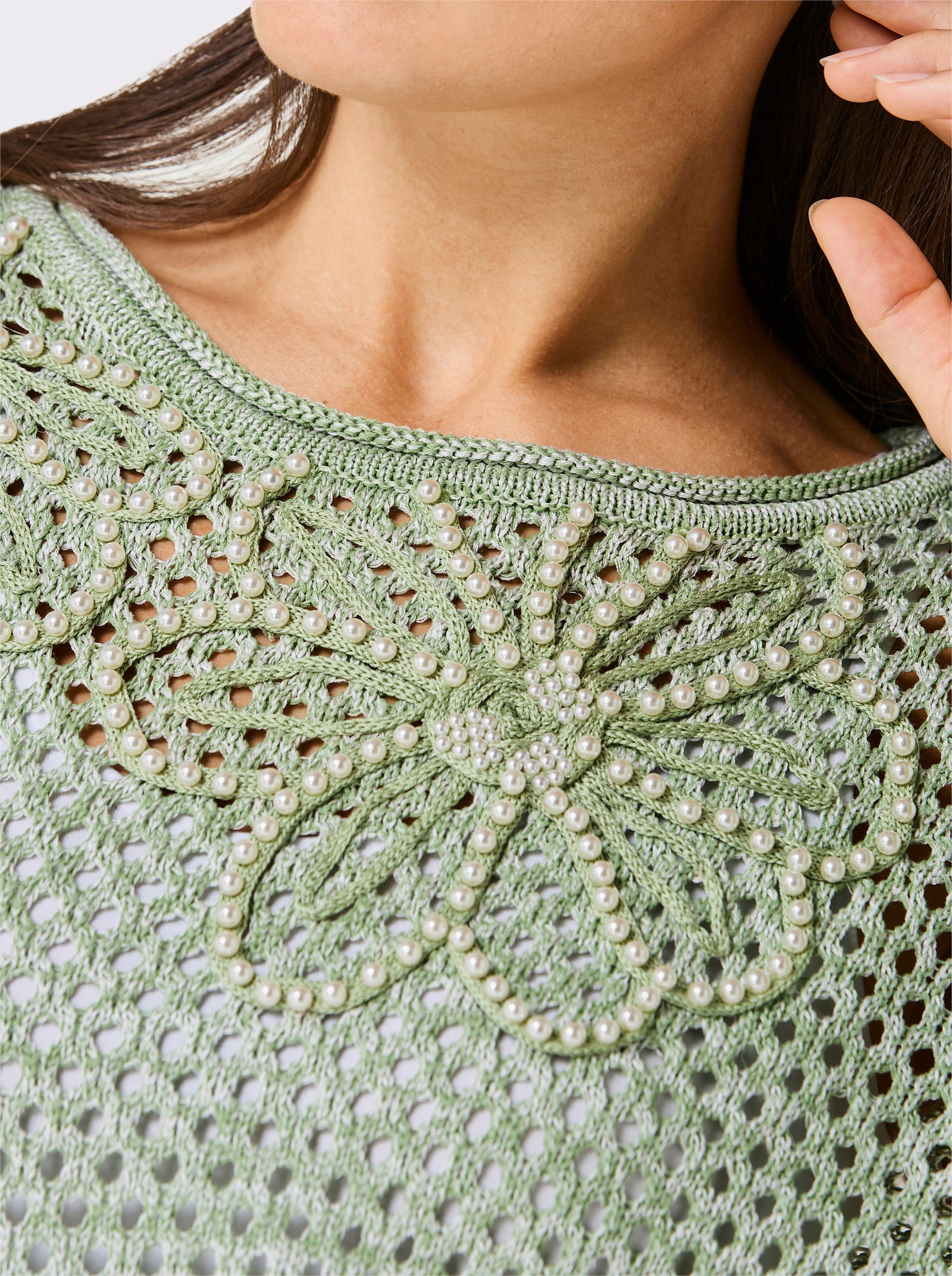 CREATION L PREMIUM Ajourpullover mit Leinen-Anteil - eucalyptus-ecru-meliert