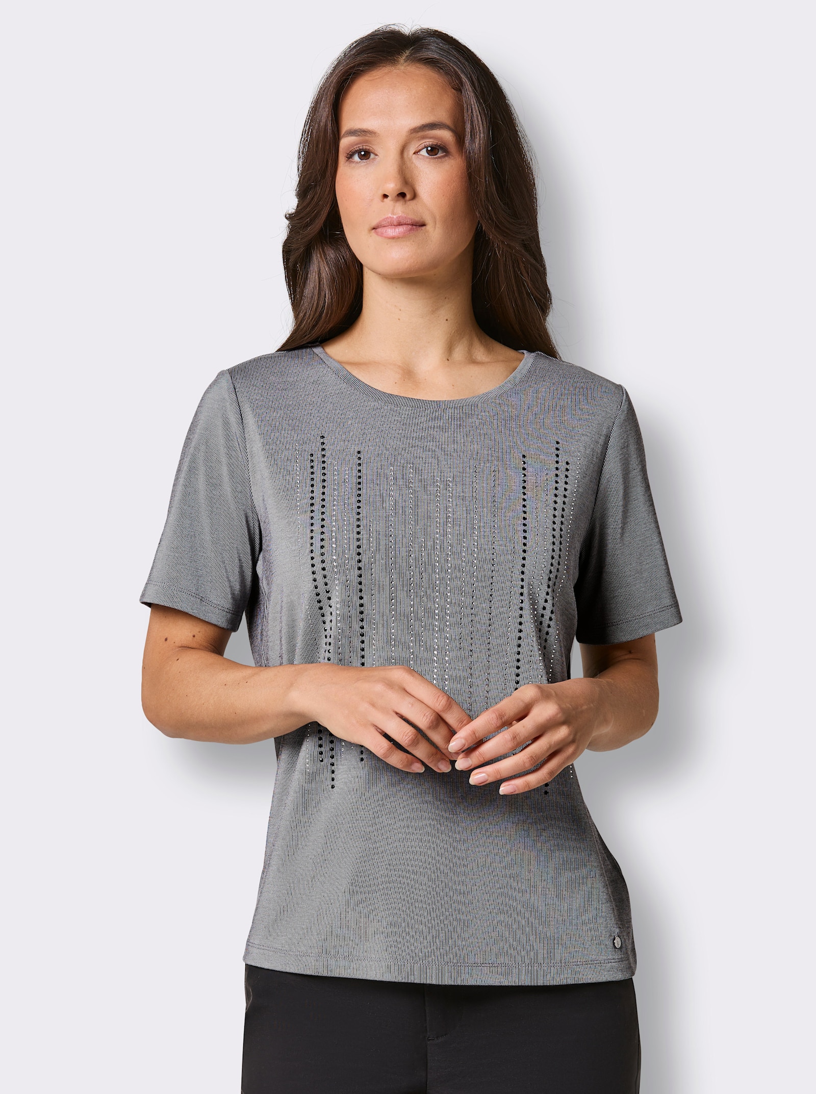 CREATION L PREMIUM Kurzarmshirt mit Glitzersteinchen - schwarz