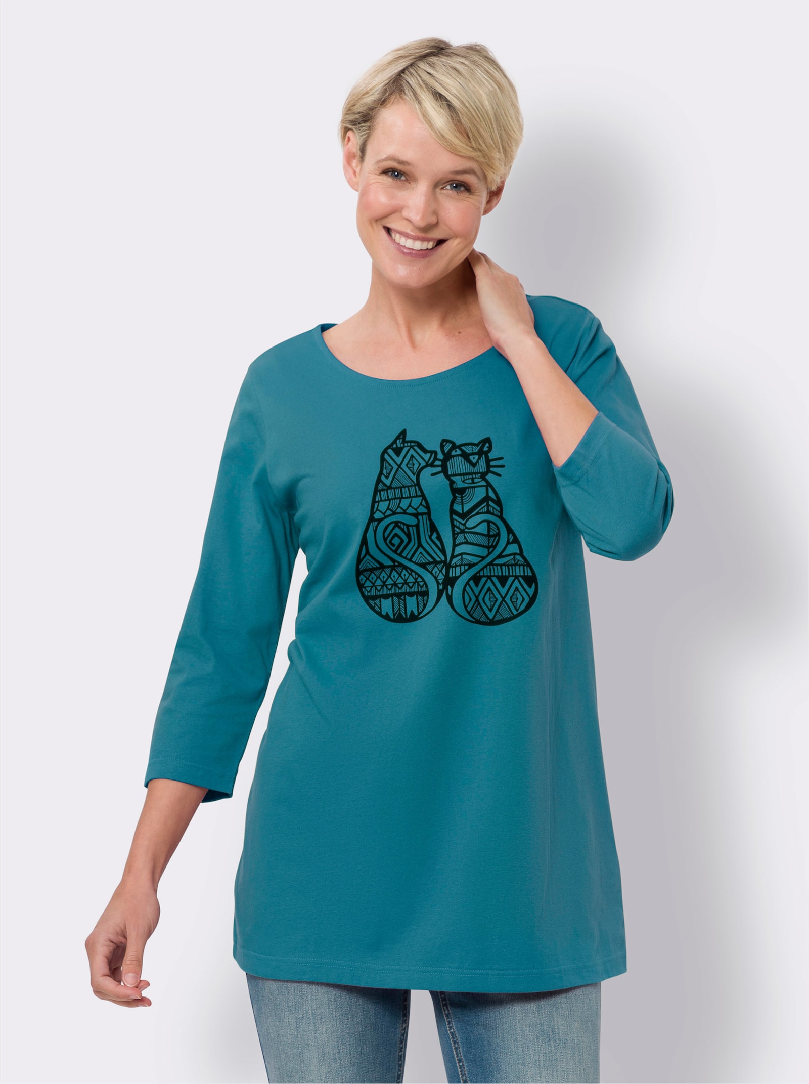 Longshirt mit Katzen-Print - aquapetrol-schwarz