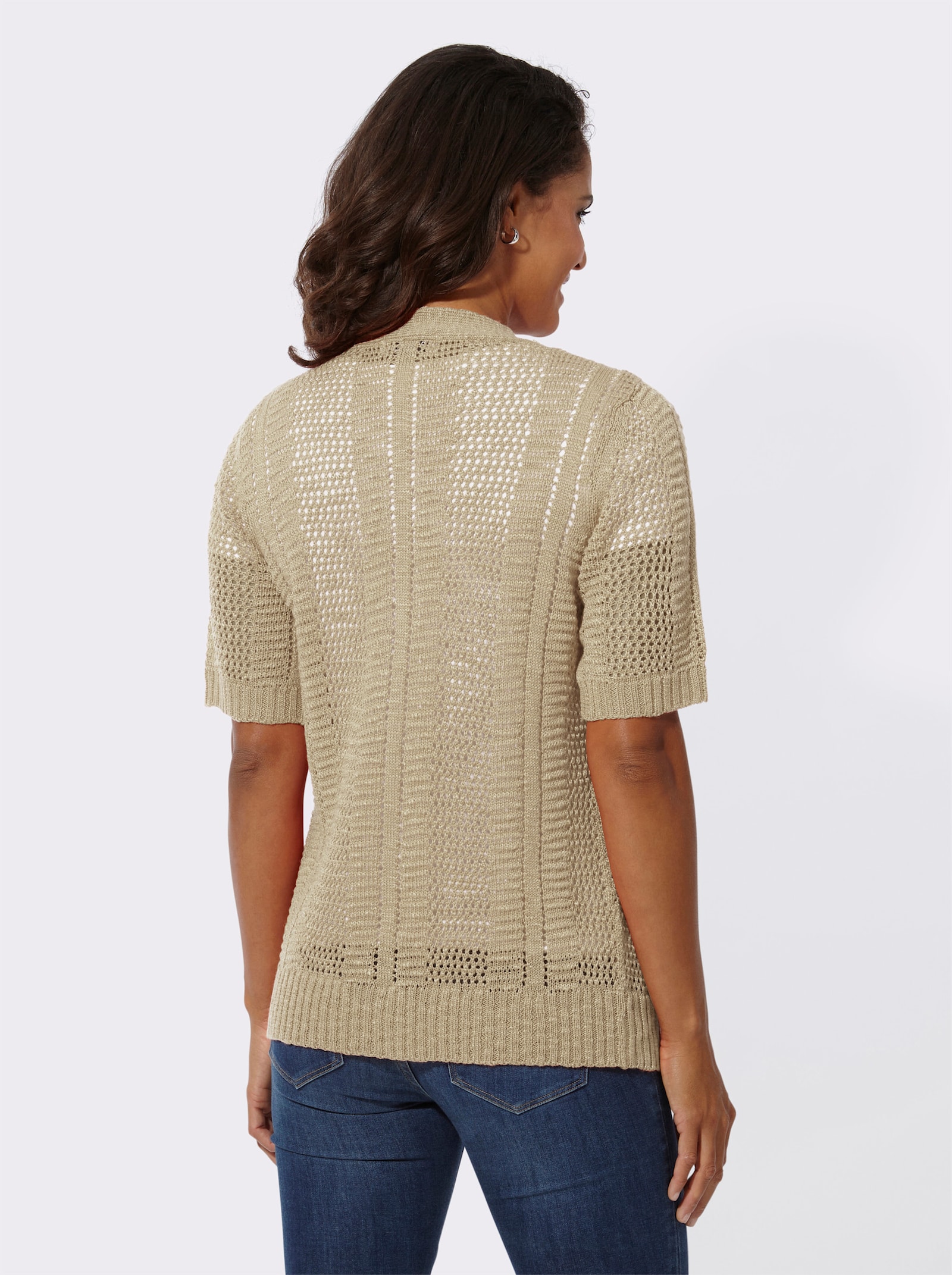 Ajourstrickjacke mit kurzen Ärmeln - sand
