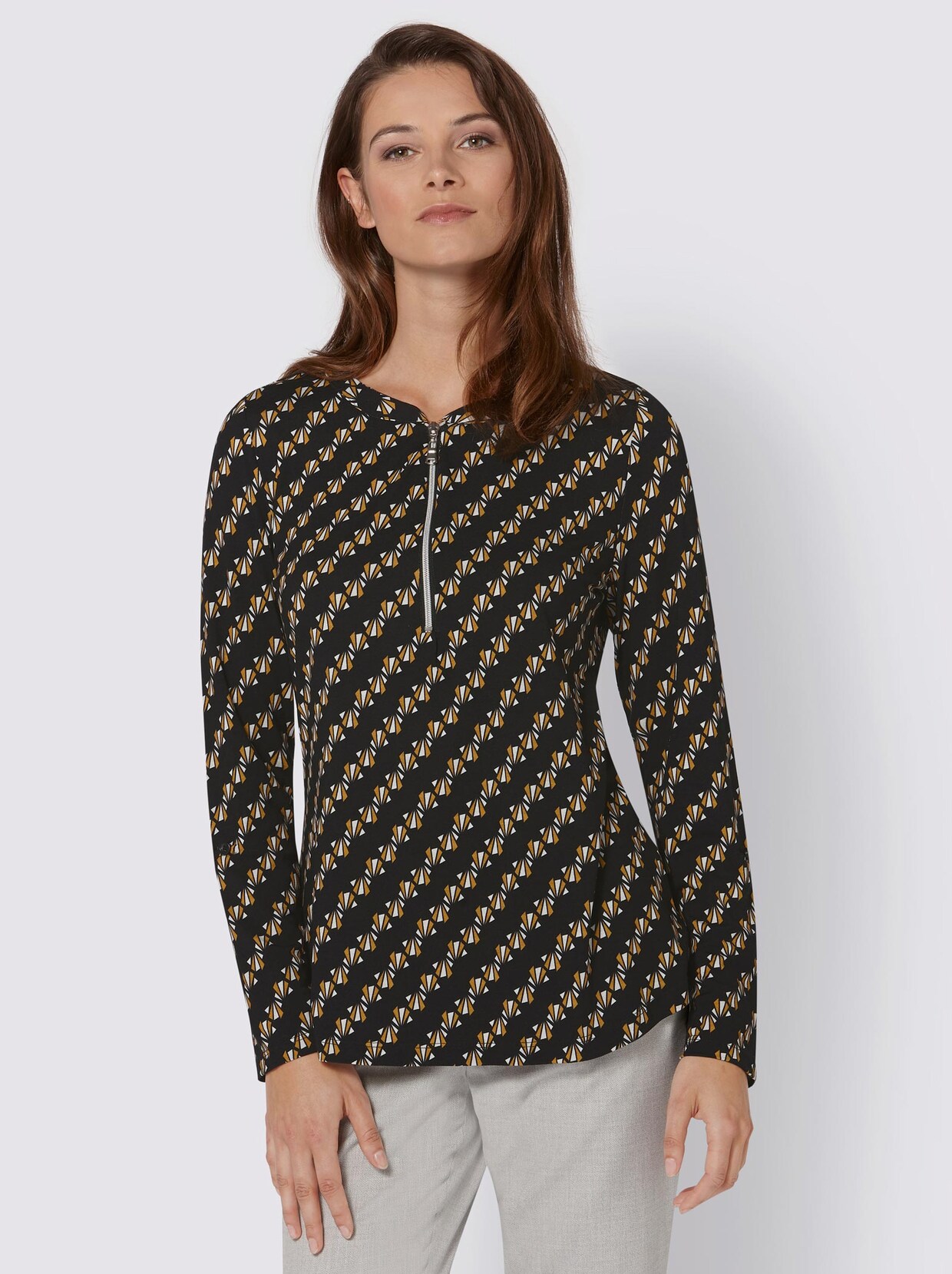 Langarmshirt - schwarz-ocker-bedruckt
