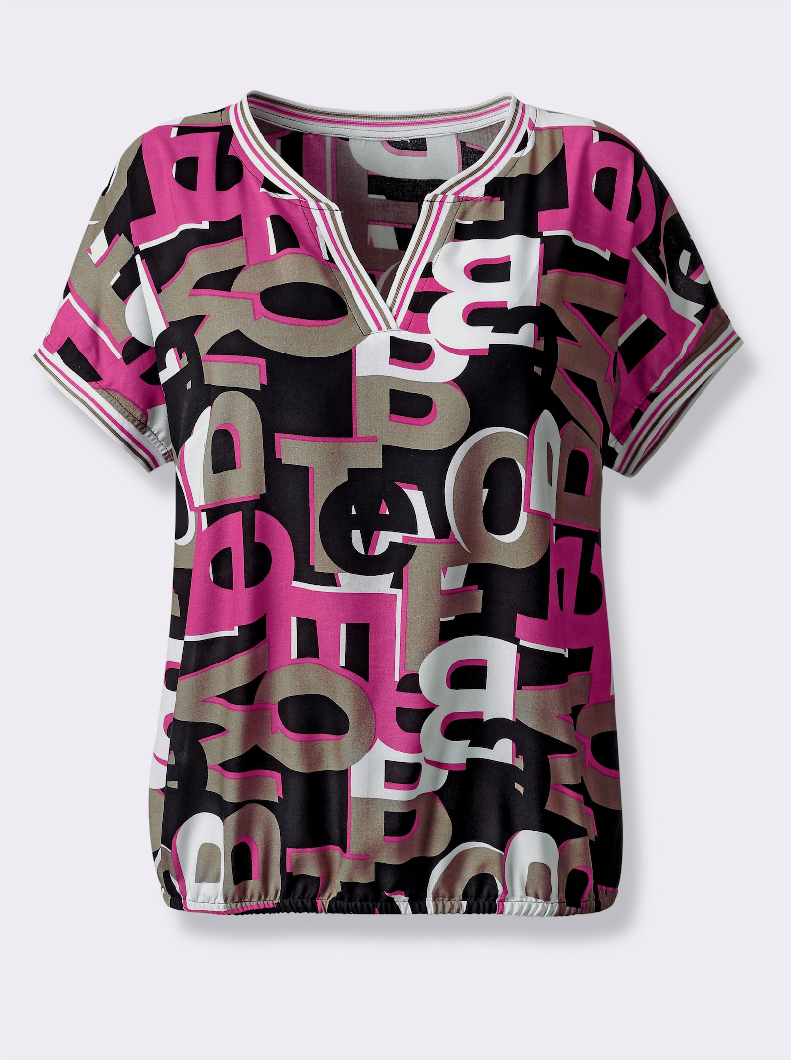 Druckbluse mit Gummizug am Saum - magenta-schwarz-bedruckt