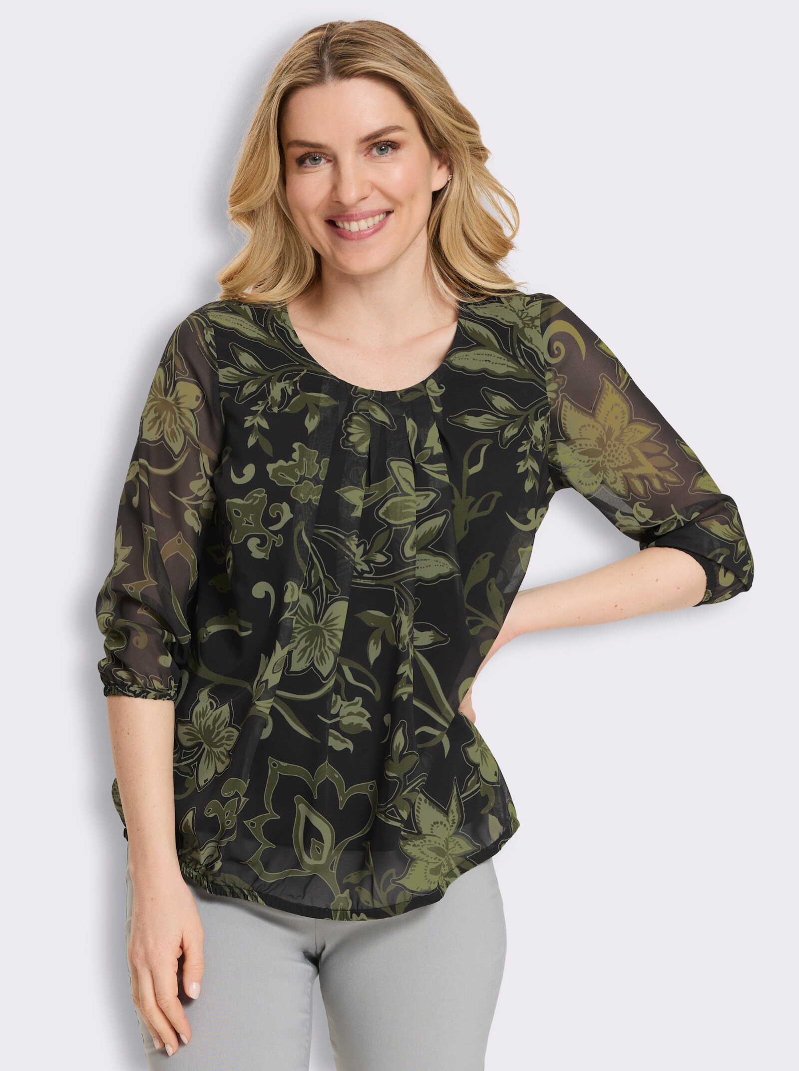 Schlupf-Bluse mit Paisley-Print - schwarz-oliv-bedruckt
