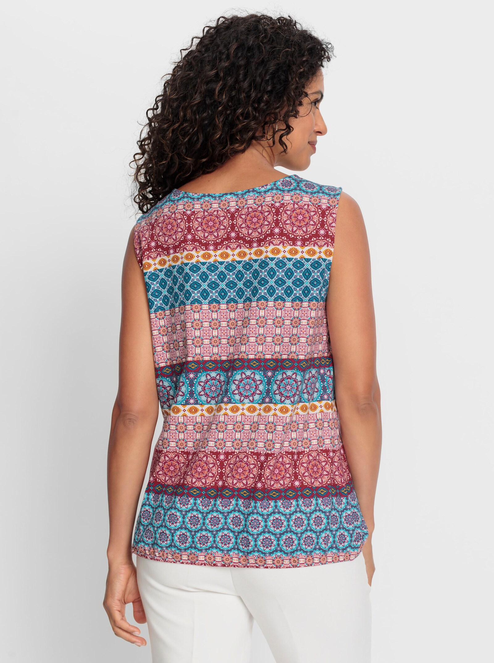 Shirttop mit elastischem Saum - jeansblau-kirsche-bedruckt