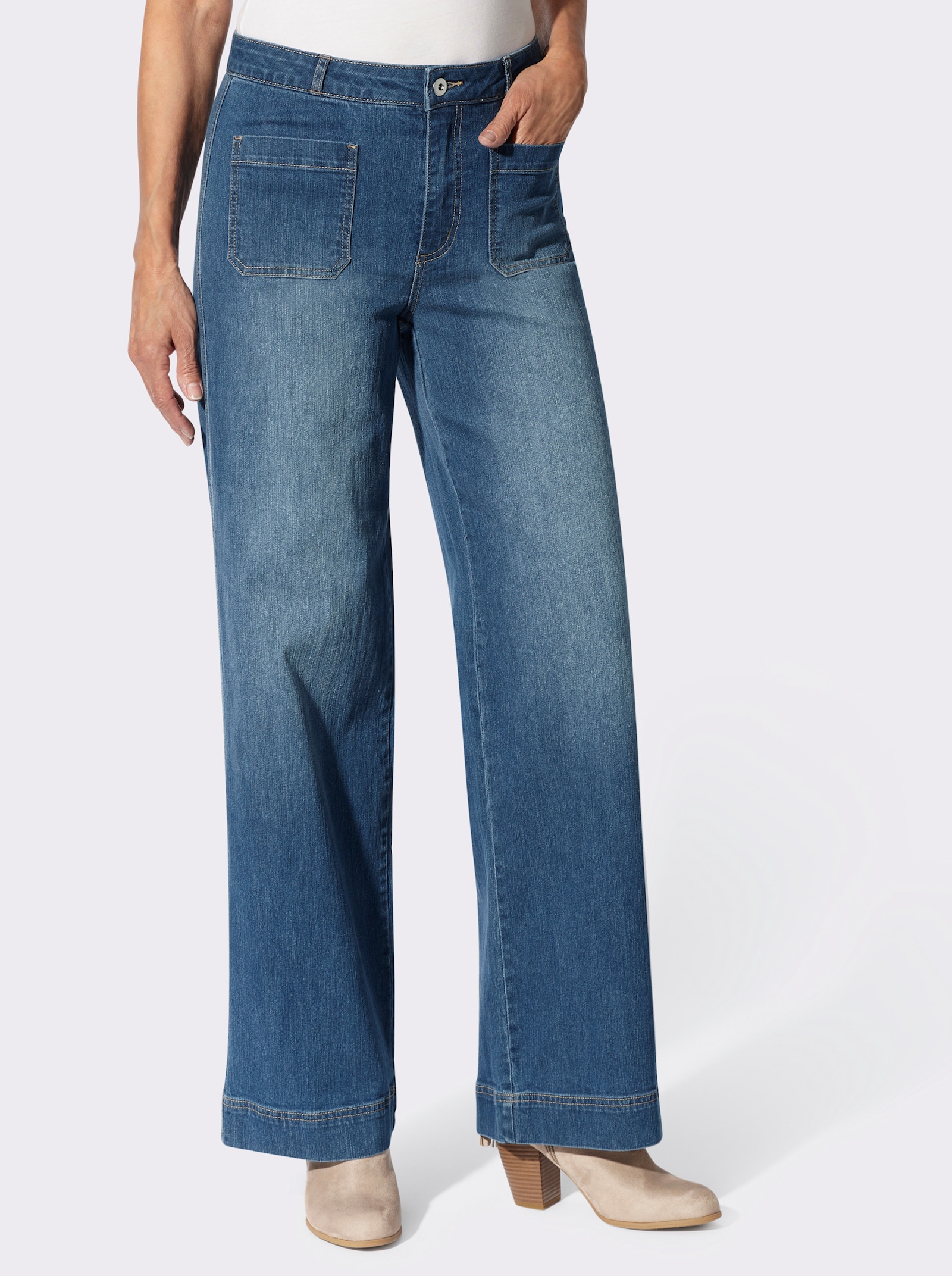 Jeans mit Steppnähten, kontrastfarben - blue-stone-washed