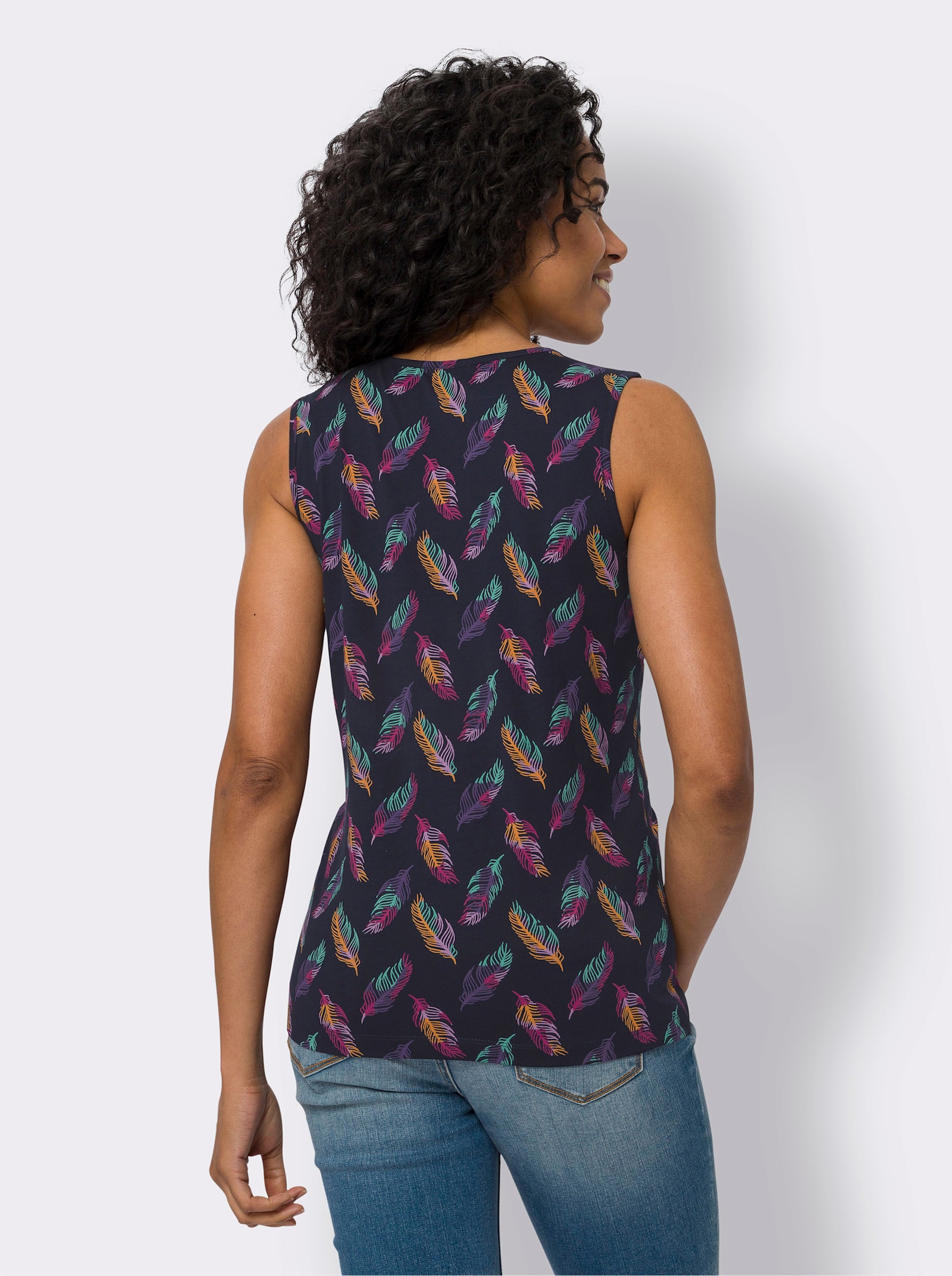 Shirttop met verenprint - marine/blauwgroen bedrukt