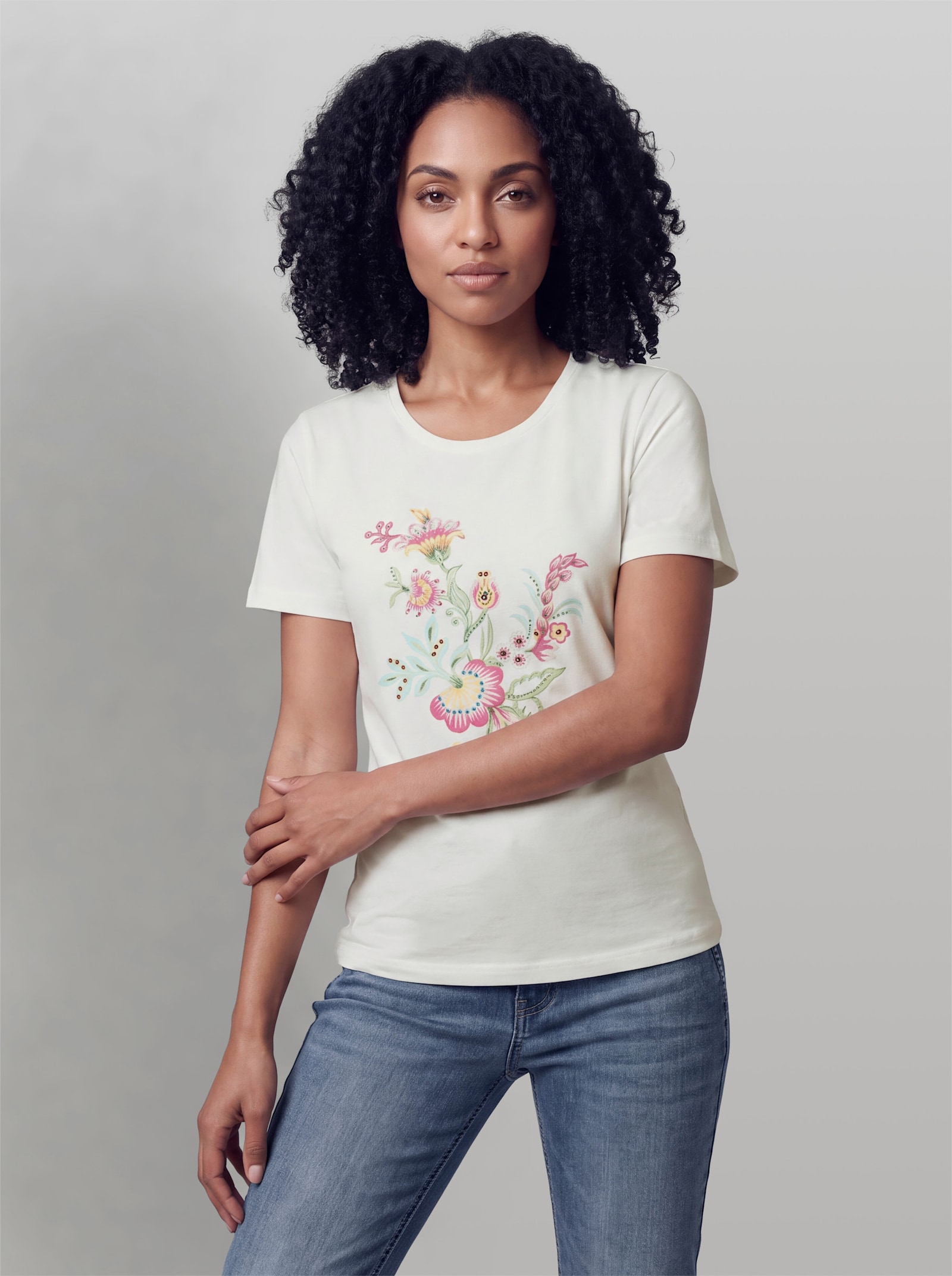 heine Kurzarmshirt mit Glitzersteinchen - ecru