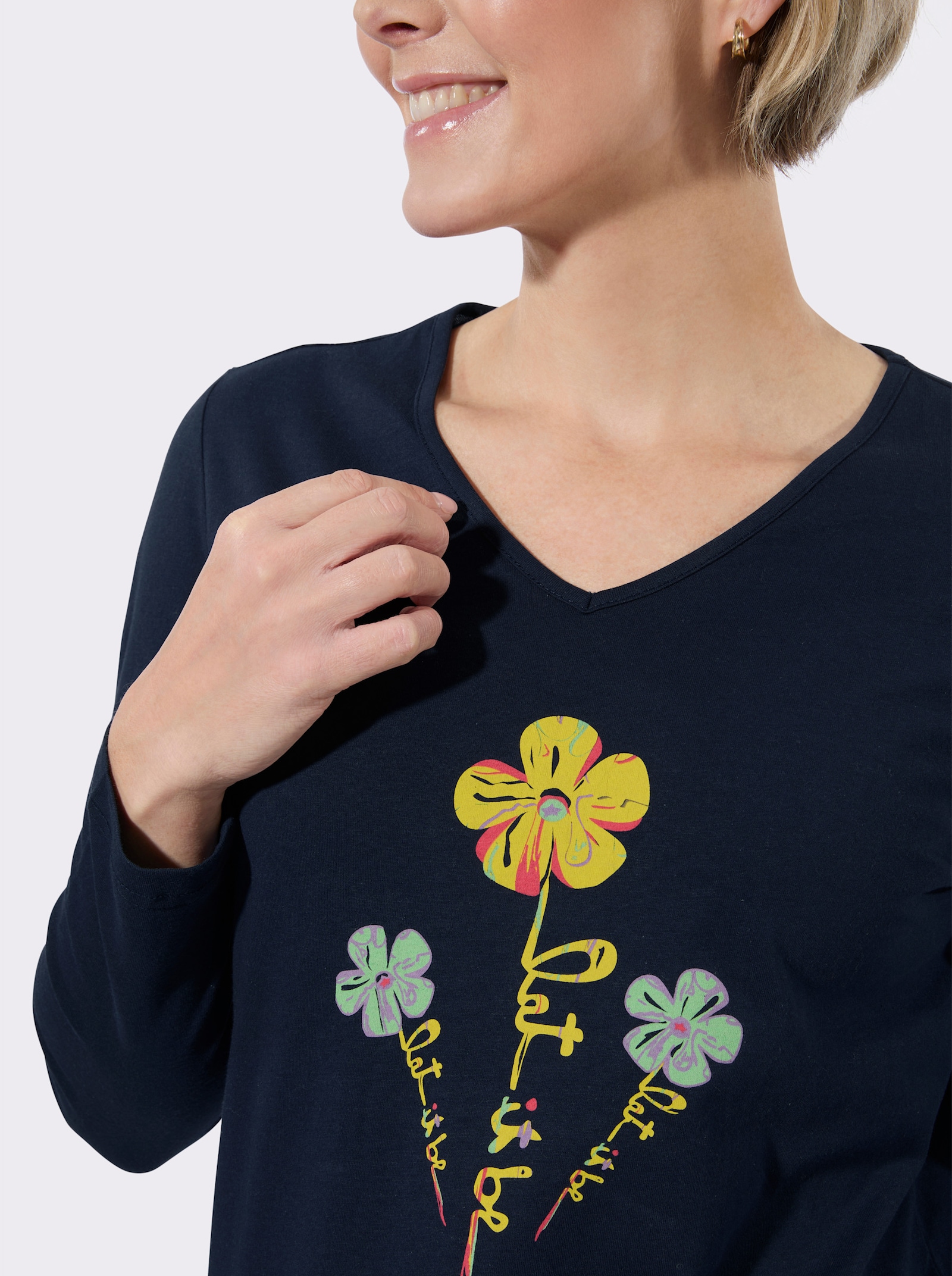 V-Shirt mit floralem Druck - marine