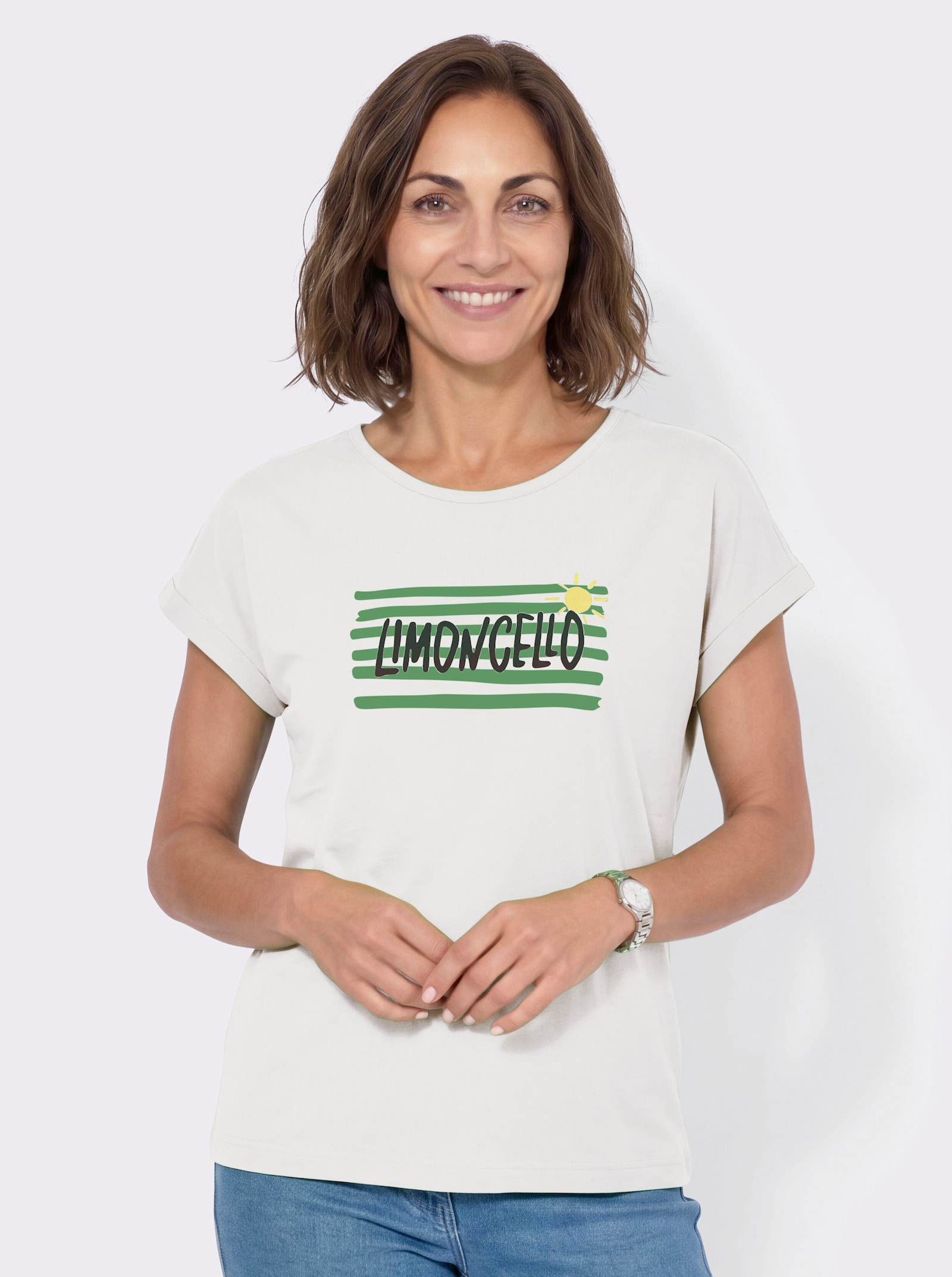 Rundhalsshirt mit platziertem Druck - ecru-apfel