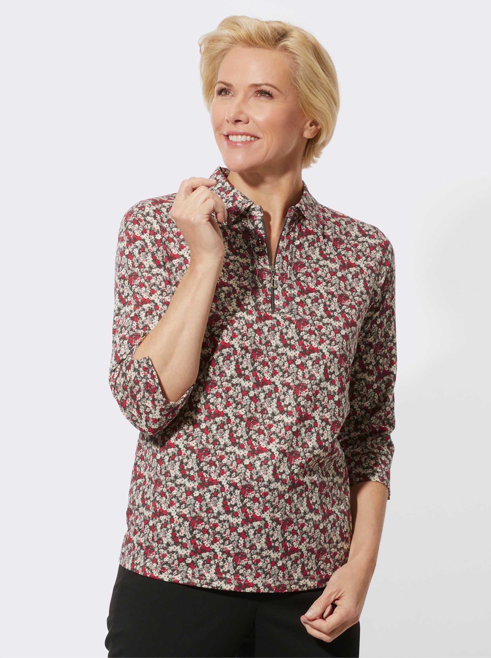 Poloshirt met glittersteentjes - rood/steengrijs bedrukt