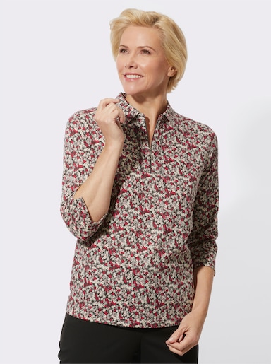 Poloshirt mit Glitzersteinchen - rot-steingrau-bedruckt