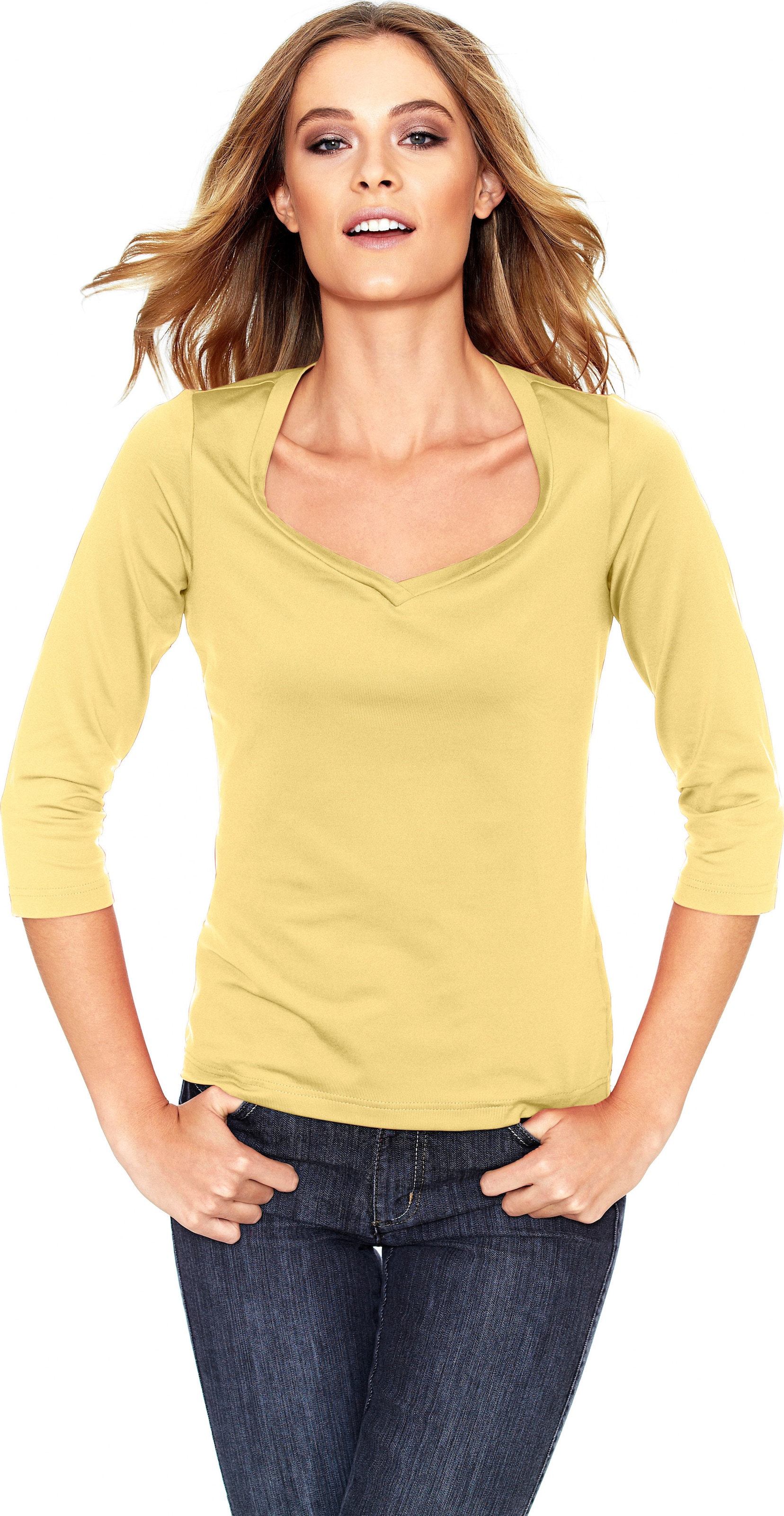 mit Figur günstig Kaufen-Shirt in gelb von heine. Shirt in gelb von heine <![CDATA[Shirt Femininer Kombi-Style aus Tactel, in angenehmer Stretch-Qualität. Mit hoher Farbbrillanz und leichtem Glanz. Figurbetont, mit Herzausschnitt und 3/4-Arm.]]>. 